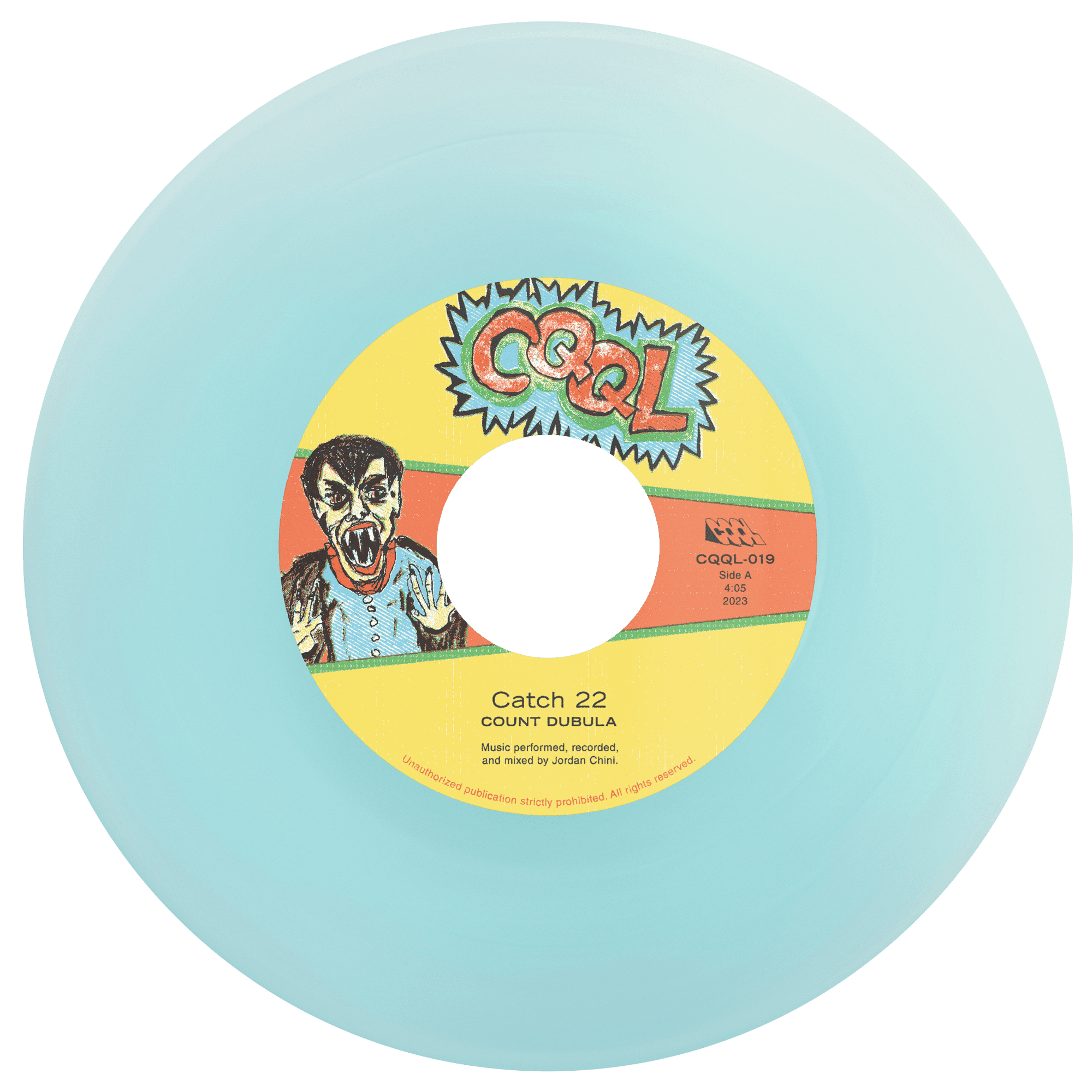 Frosted blue color vinyl record with a colorful label featuring a character and text on a light blue background