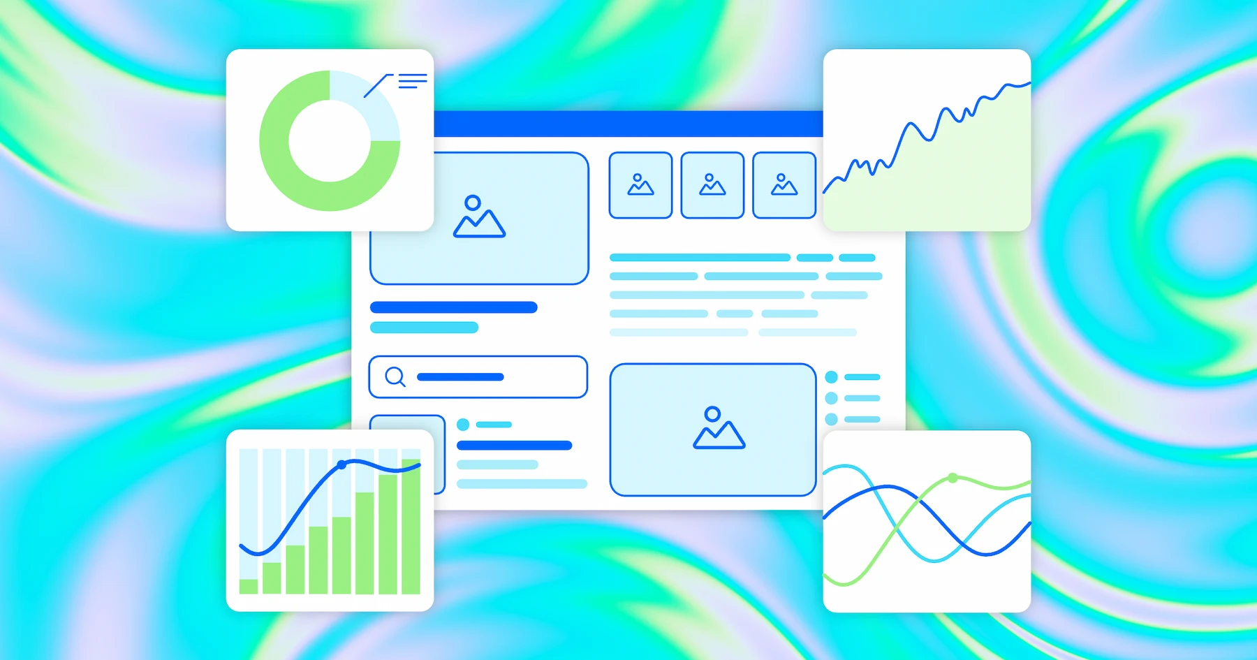 A webpage mockup surrounded by graphs and charts showing an increase in traffic.