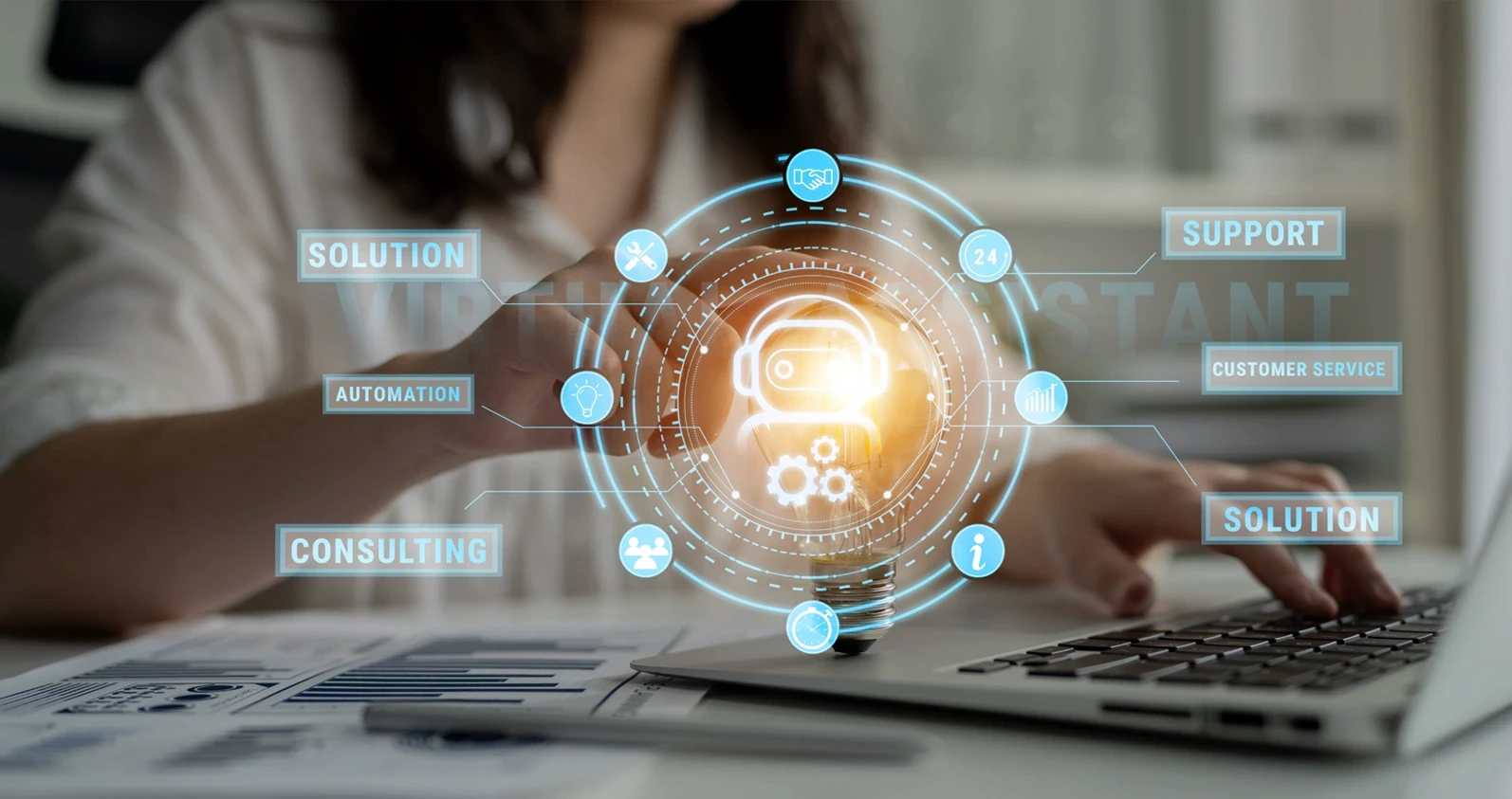 Virtual assistant service providing business support, consulting, and customer service solutions. A concept of 24 7 automation for business efficiency. Motif