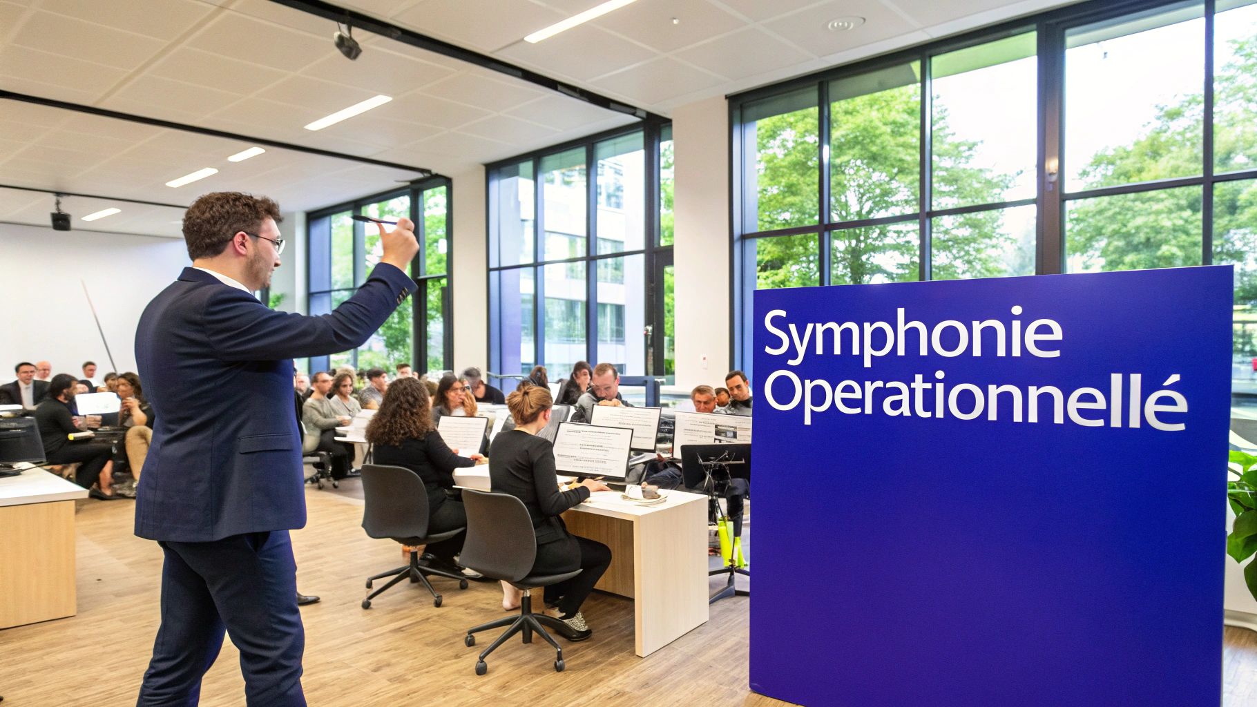 Un homme mène une présentation devant une assemblée dans un bureau moderne avec le panneau « Symphonie Opérationnelle ».