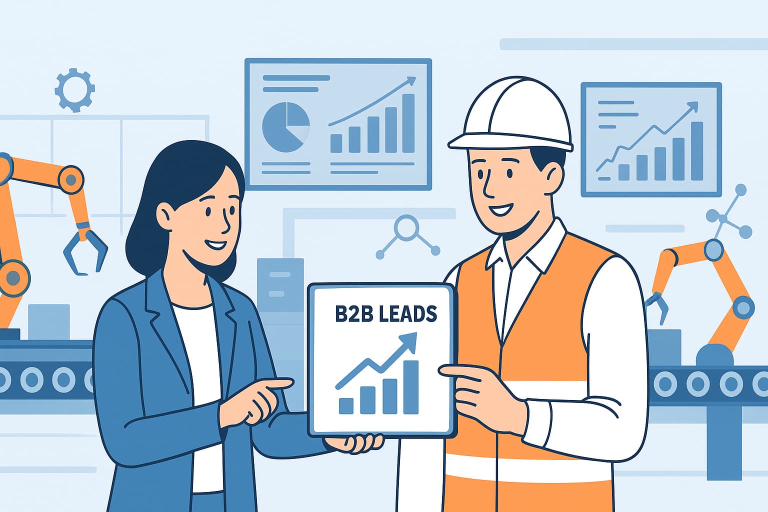 “Illustration of two business professionals discussing B2B lead generation strategies and analyzing performance data”.
