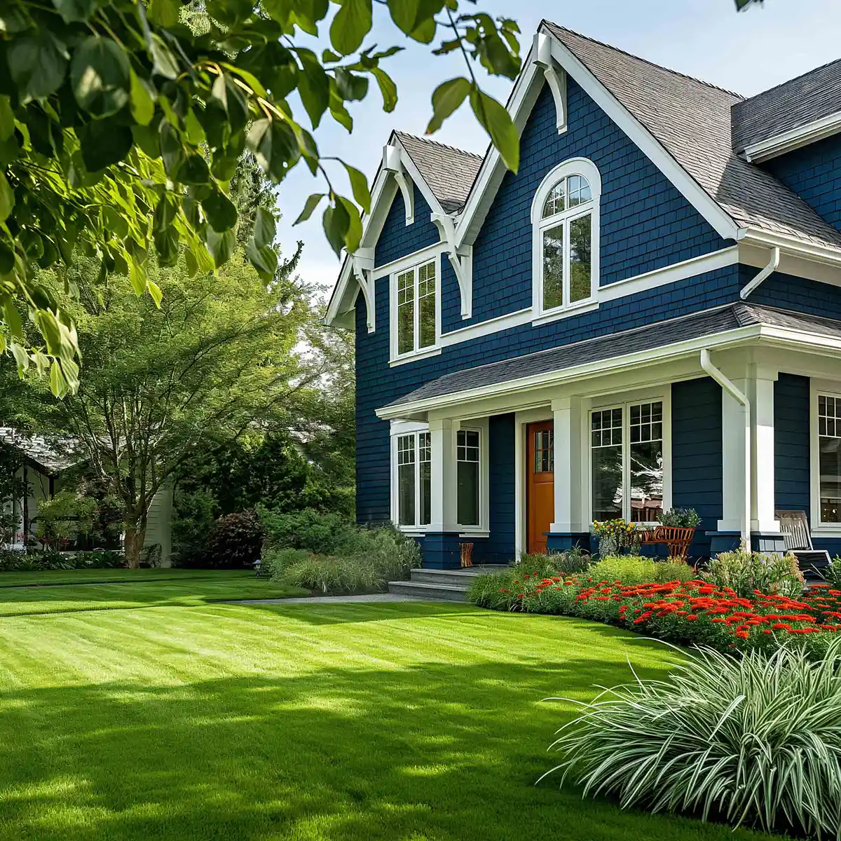 A navy blue suburban house with a beautiful healthy lawn