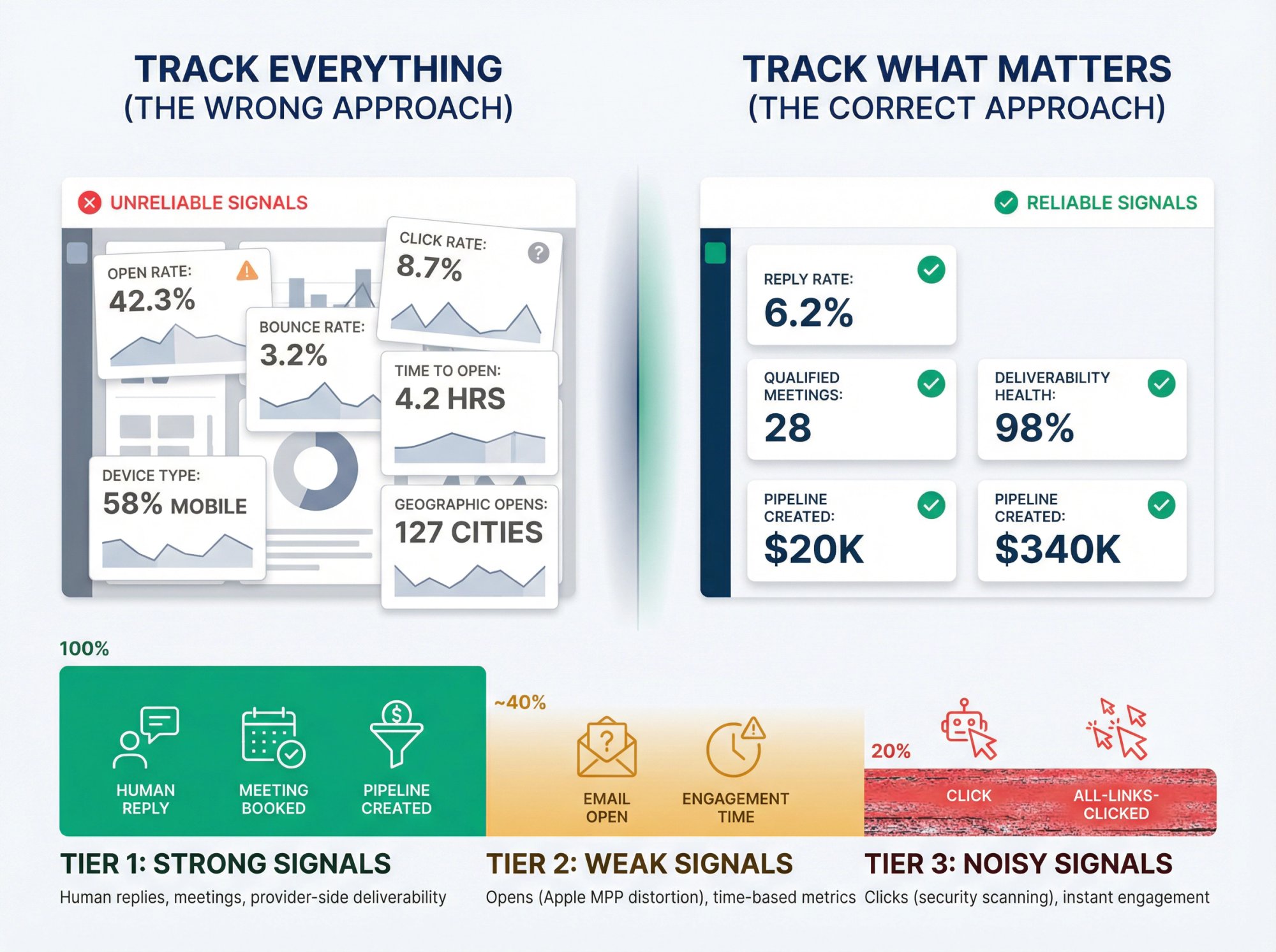Visual diagram showing cold email signal quality hierarchy: strong signals (human replies, meetings), weak signals (email opens), and noisy signals (bot clicks)