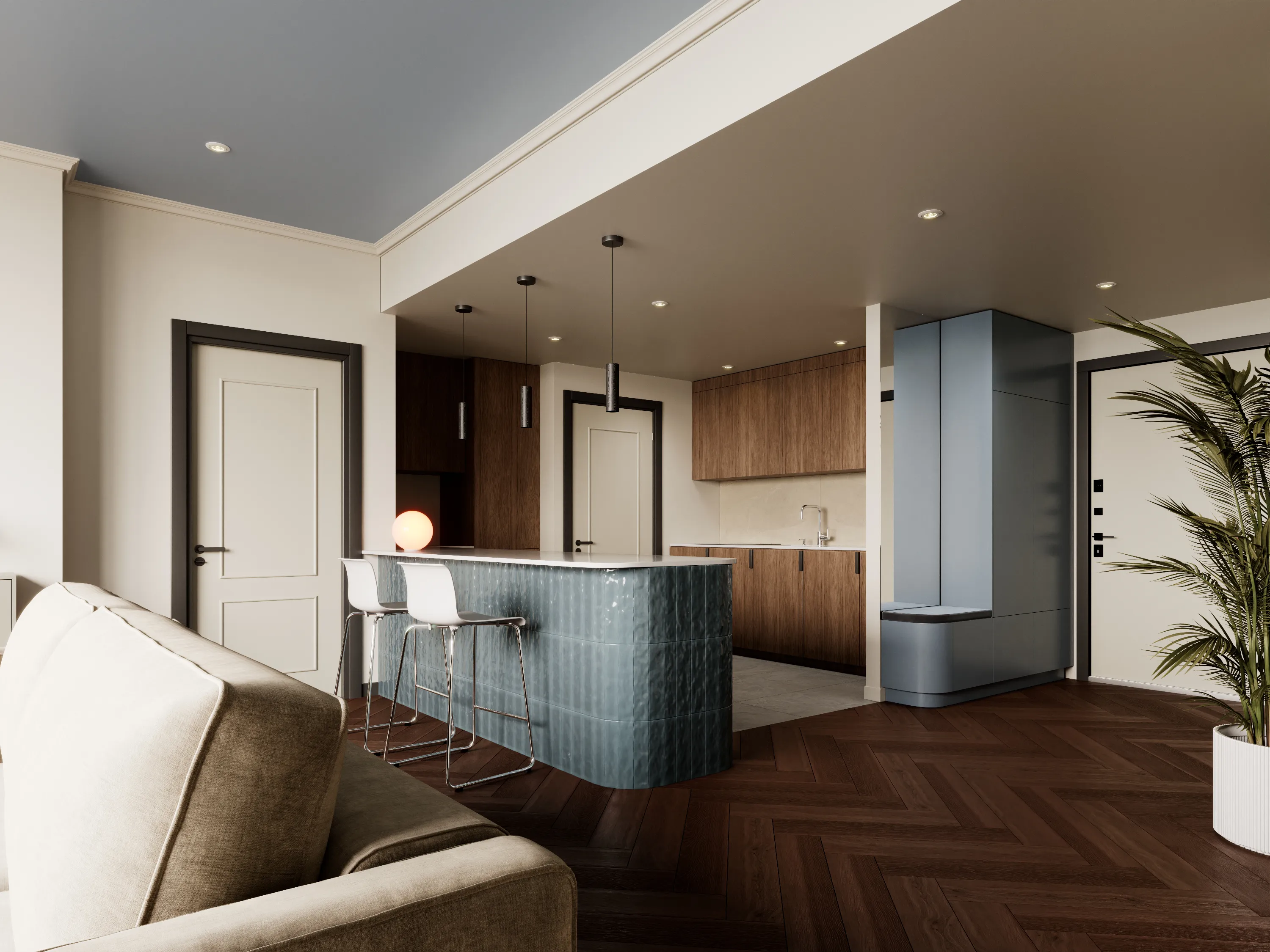 Minimalistic yet colourful apartment view on kitchen island.