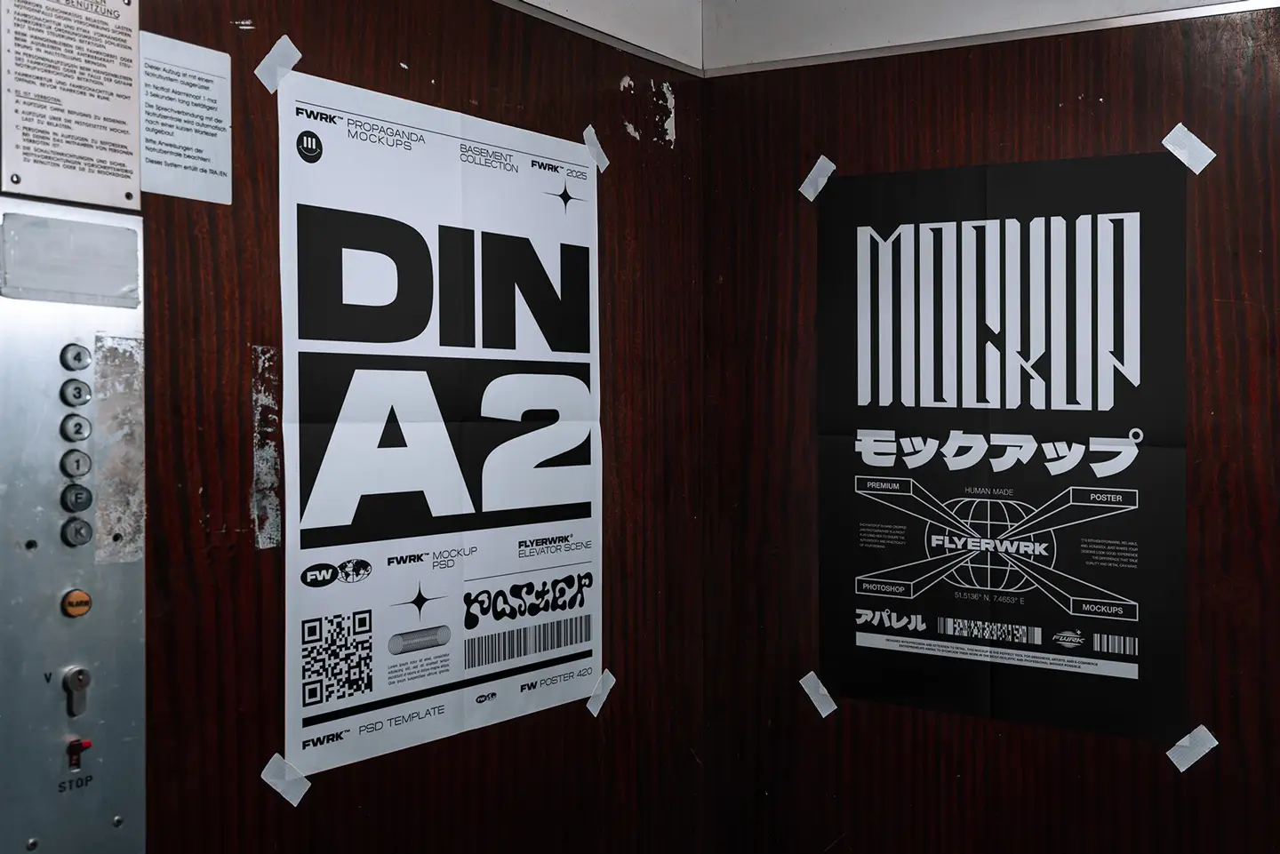 Elevator Poster Mockup showcasing bold black and white industrial event posters taped to a vintage elevator wall