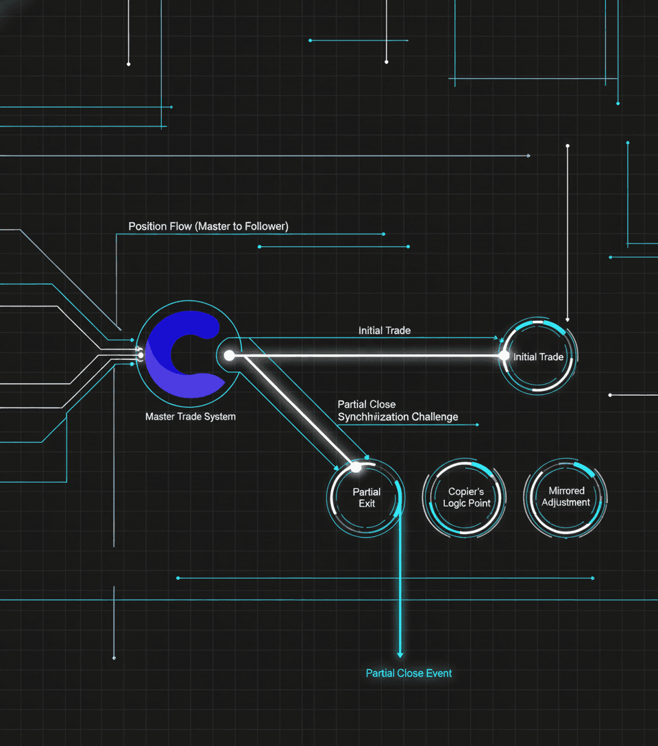 High-tech schematic of trade partial closes and copying process
