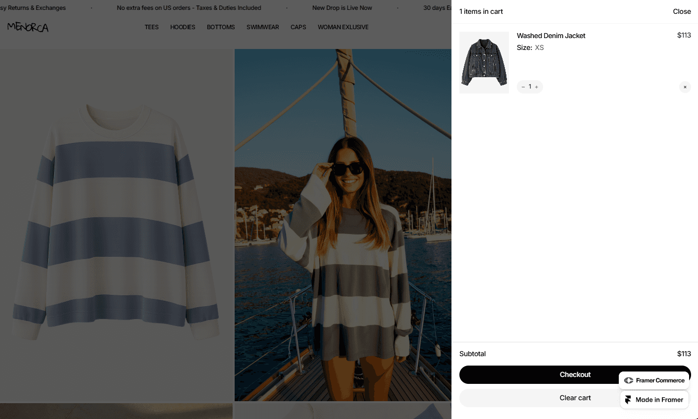 Collection section displaying a striped sweater next to a lifestyle photo of a woman in casual wear.