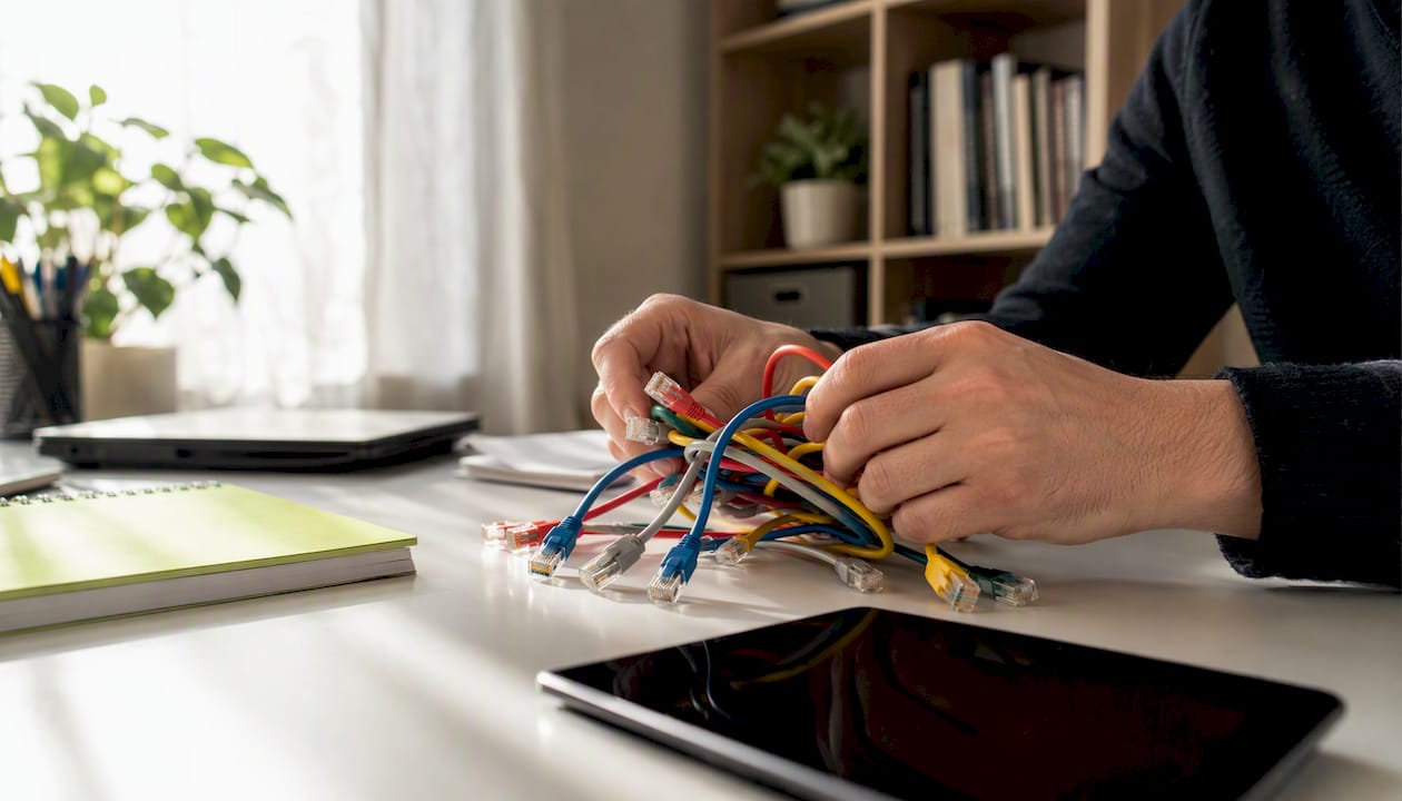 Hands reconnecting tracking cables in workspace