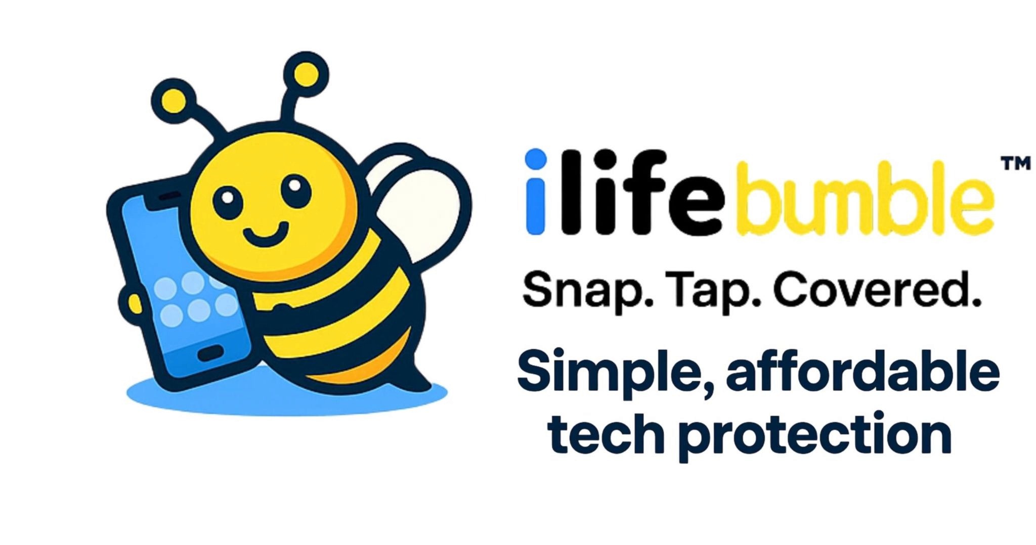 ilifebumble™ bee mascot holding a smartphone above the company logo.
