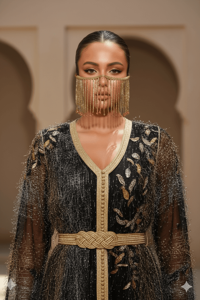 Black Moroccan caftan with gold embroidery, handcrafted couture piece made between Bahrain and Morocco