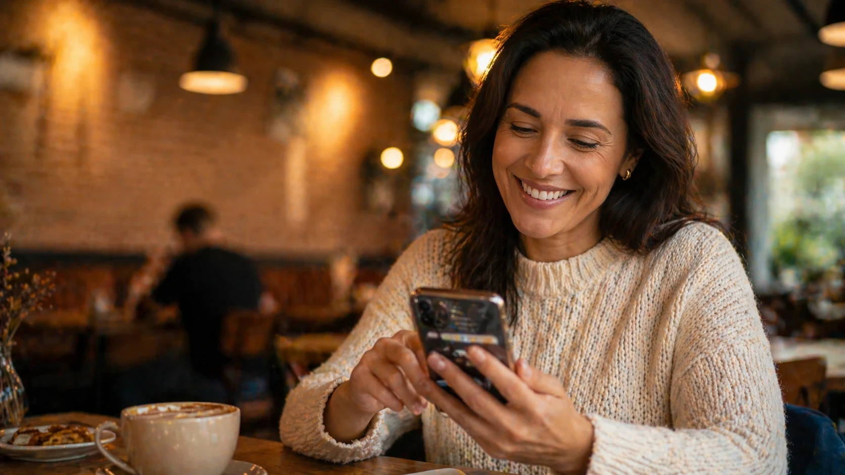 Mulher em café sorrindo enquanto avalia uma empresa pelo celular, representando o fluxo de avaliações positivas no Google