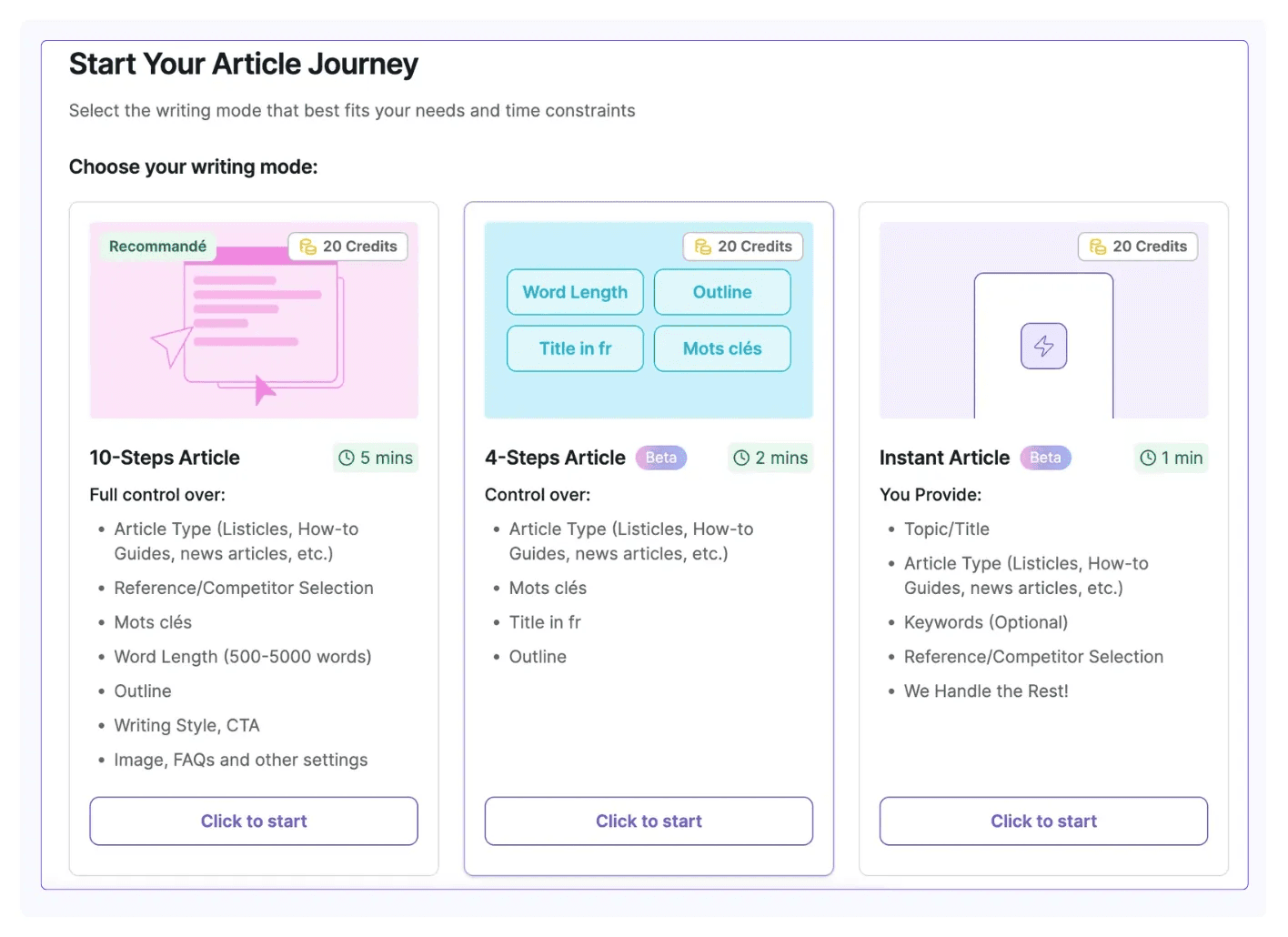 First stage of content creation in WriteSonic and choice of three options