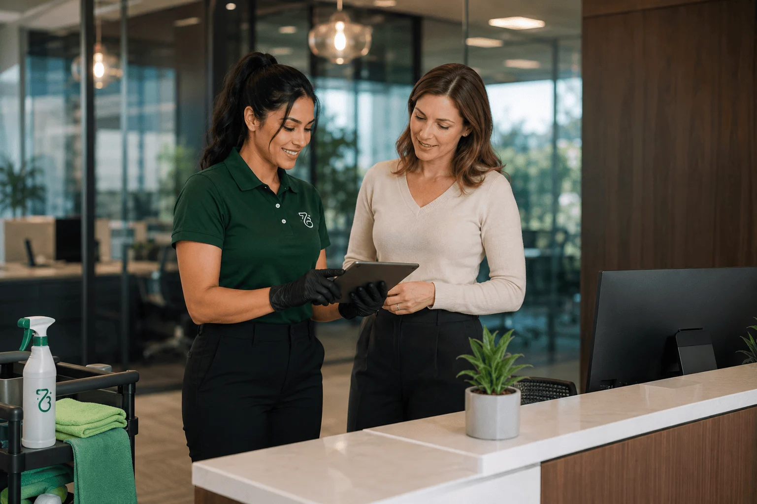 A smiling commercial cleaning professional with Brenda's Cleaning service wiping down a corporate office desk using a light blue microfiber cloth. Dressed in a company-branded navy blue uniform polo shirt, black trousers, and blue protective gloves, she is leaning over a modern wooden workstation equipped with a computer monitor, keyboard, and desk phone. The scene illustrates professional office janitorial services, cubicle workspace disinfection, and commercial property maintenance inside a bright, open-concept corporate office building with glass-walled meeting rooms and rows of workstations in the background.