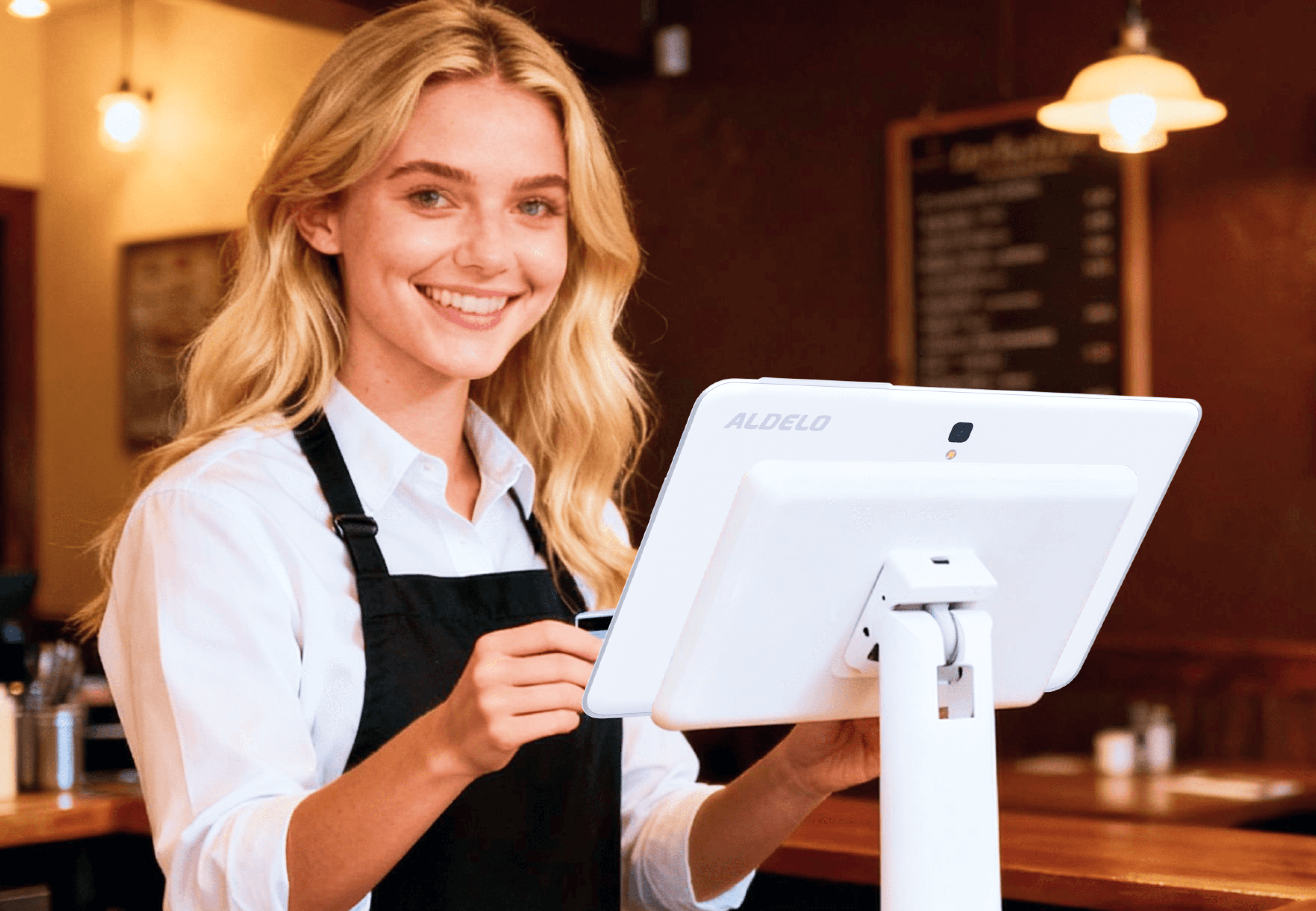Aldelo ePay female clerk uses it at the front desk.