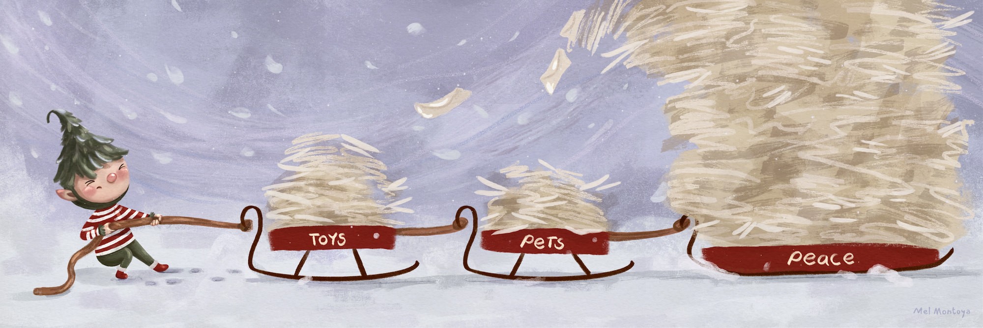 A Santa’s elf struggling to pull a sled full of letters through the snow.