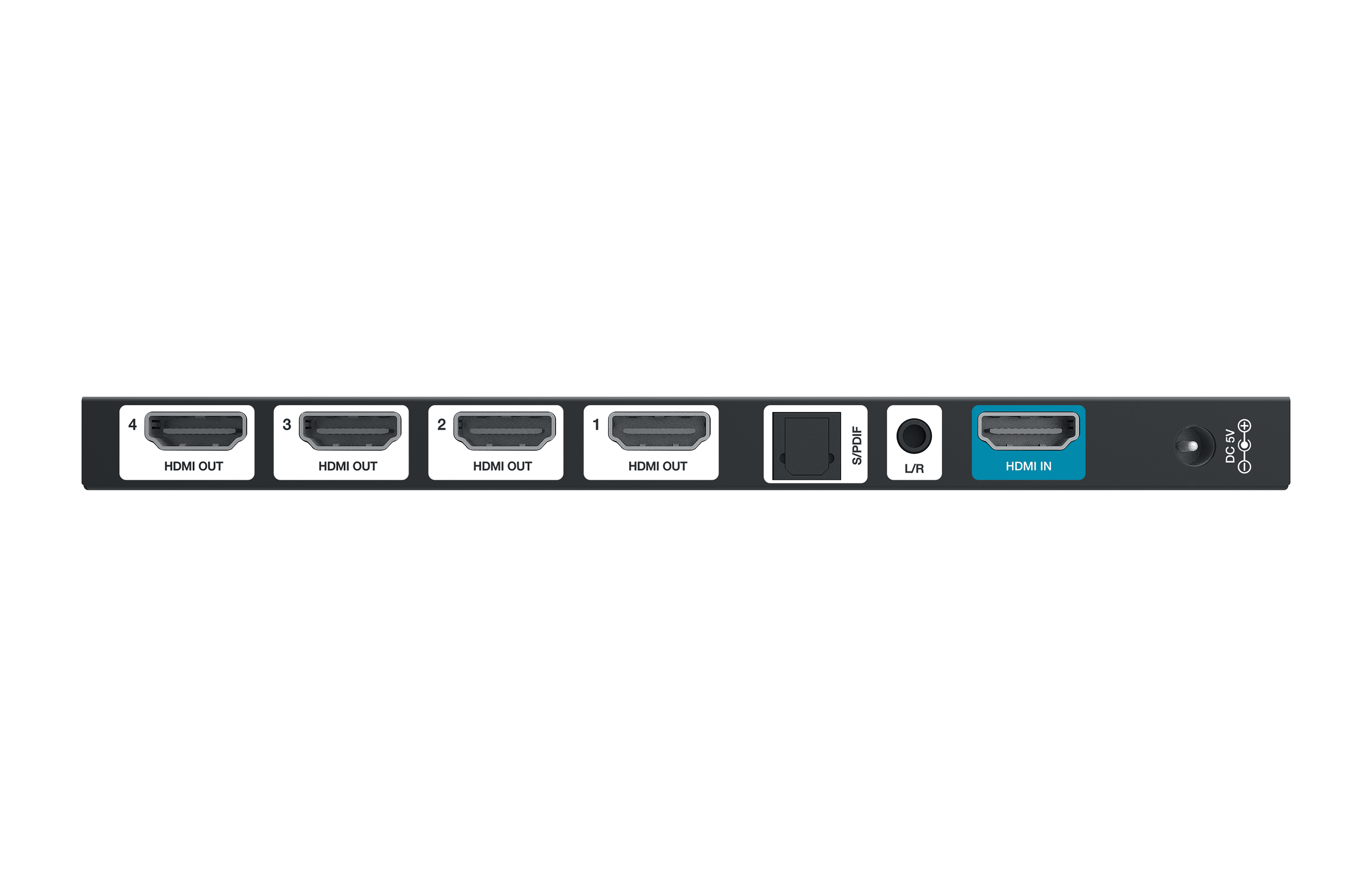 4 HDMI OUT, 3 HDMI OUT, 2 HDMI OUT, 1 HDMI OUT, S/PDIF, L/R, HDMI IN, DC 5V