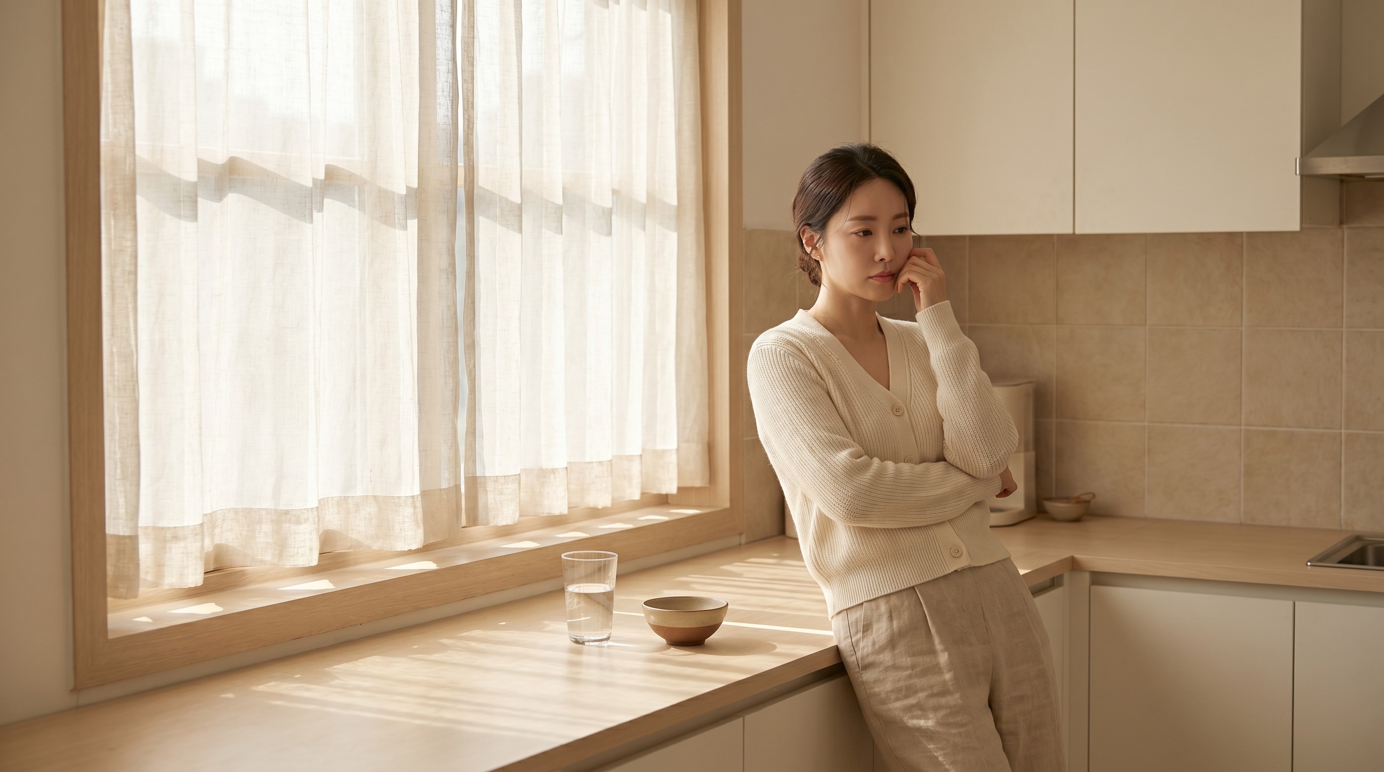 Woman at sunlit kitchen window resting fingertips against her cheek with a thoughtful expression in soft morning light