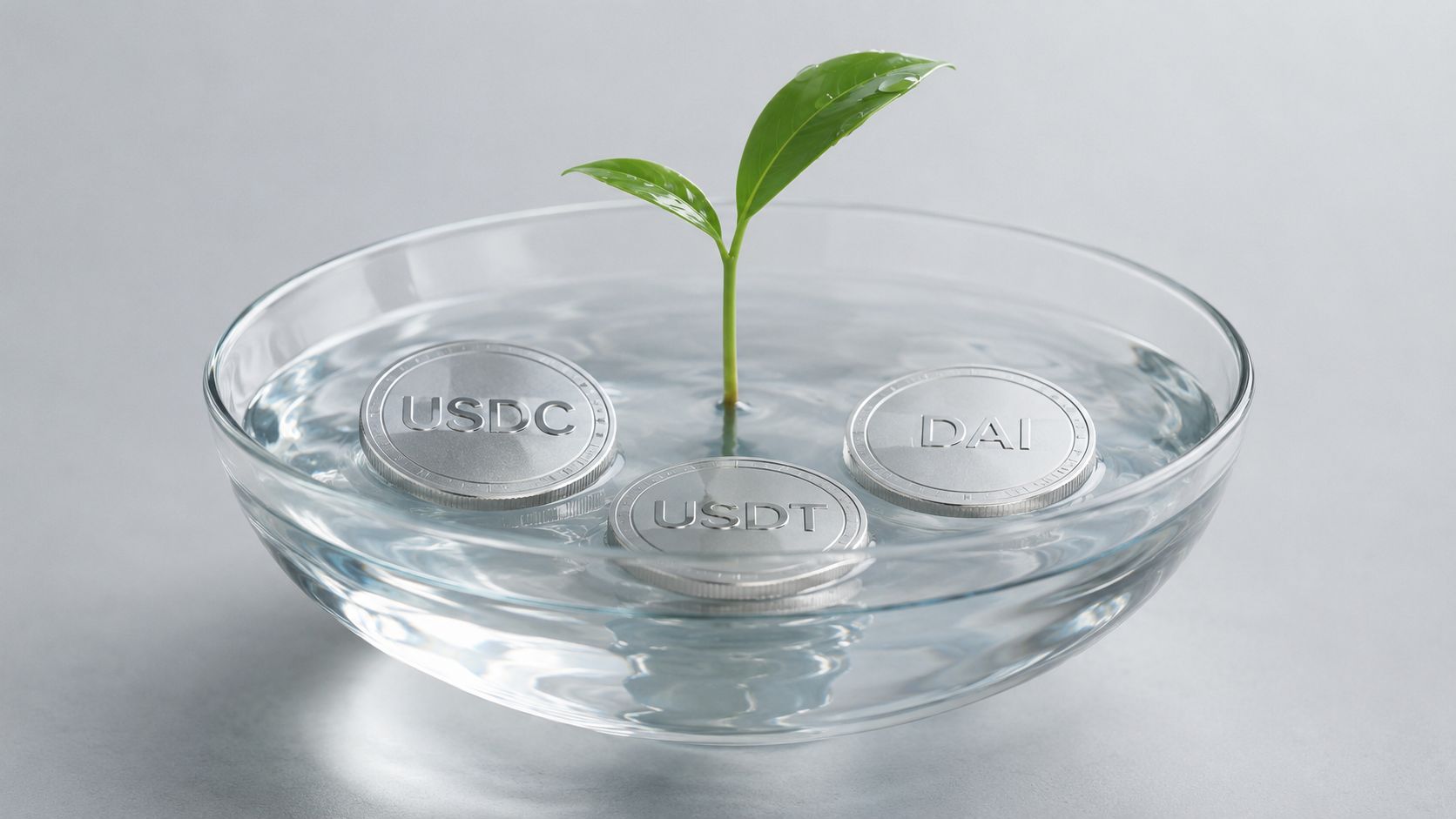 A small green plant growing from a glass bowl filled with water and three silver cryptocurrency coins.