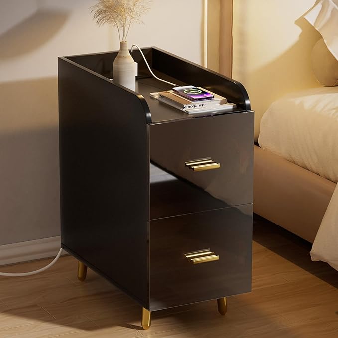 Narrow nightstand with charging station – A stylish and functional furniture piece, perfect for any modern home.