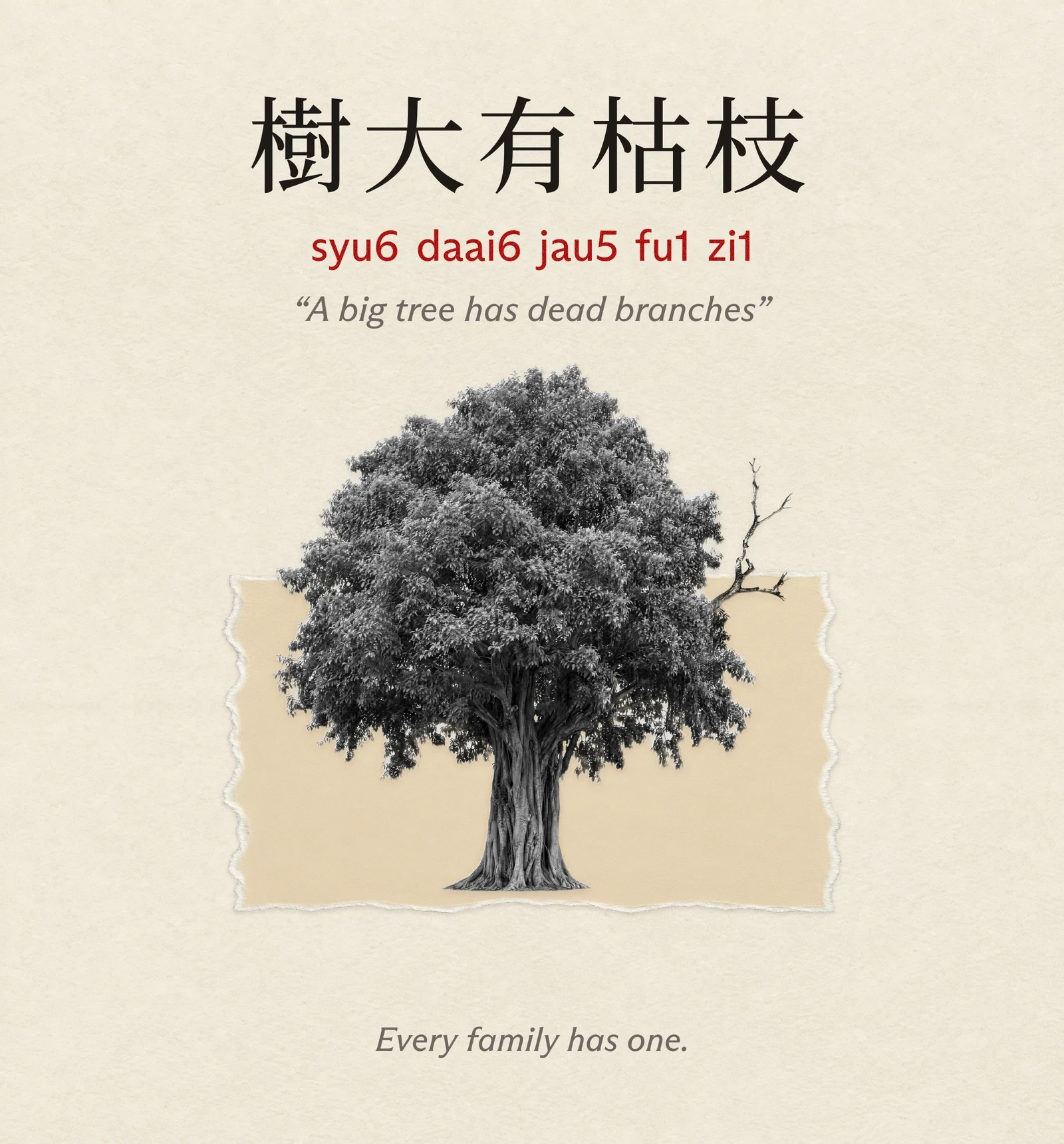 A card titled 樹大有枯枝, syu6 daai6 jau5 fu1 zi1, “A big tree has dead branches”. A full, leafy tree with one bare dead branch sticking out to the right. Underneath: every family has one.