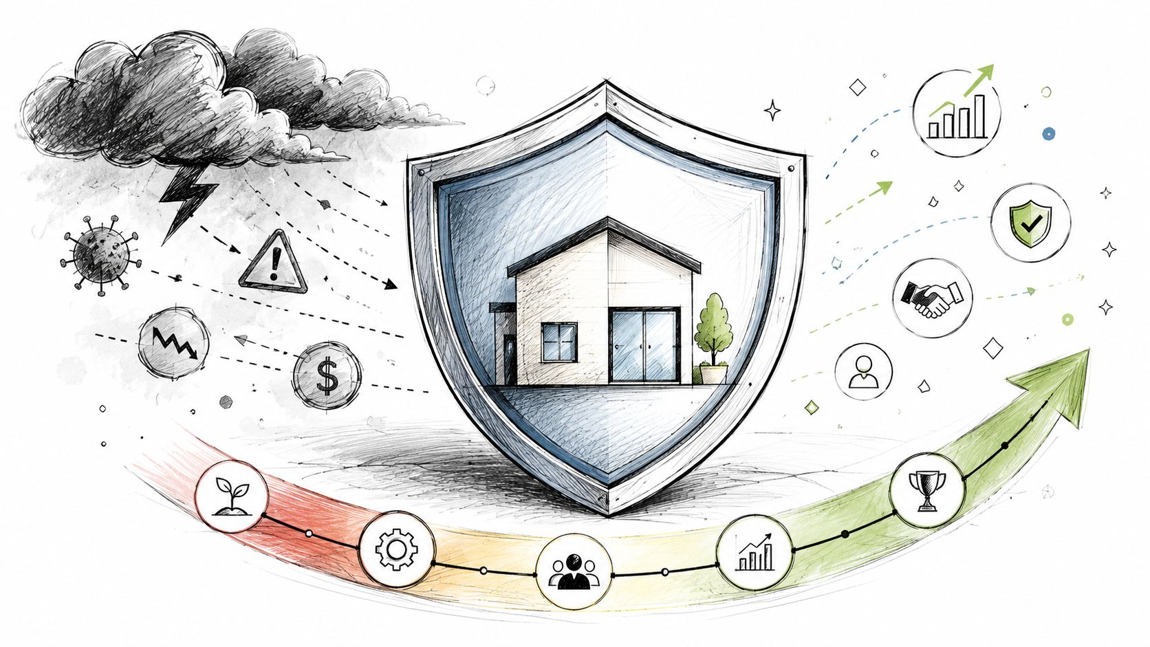 A hand-drawn illustration showing a house protected by a shield against various threats like storms and financial risks.