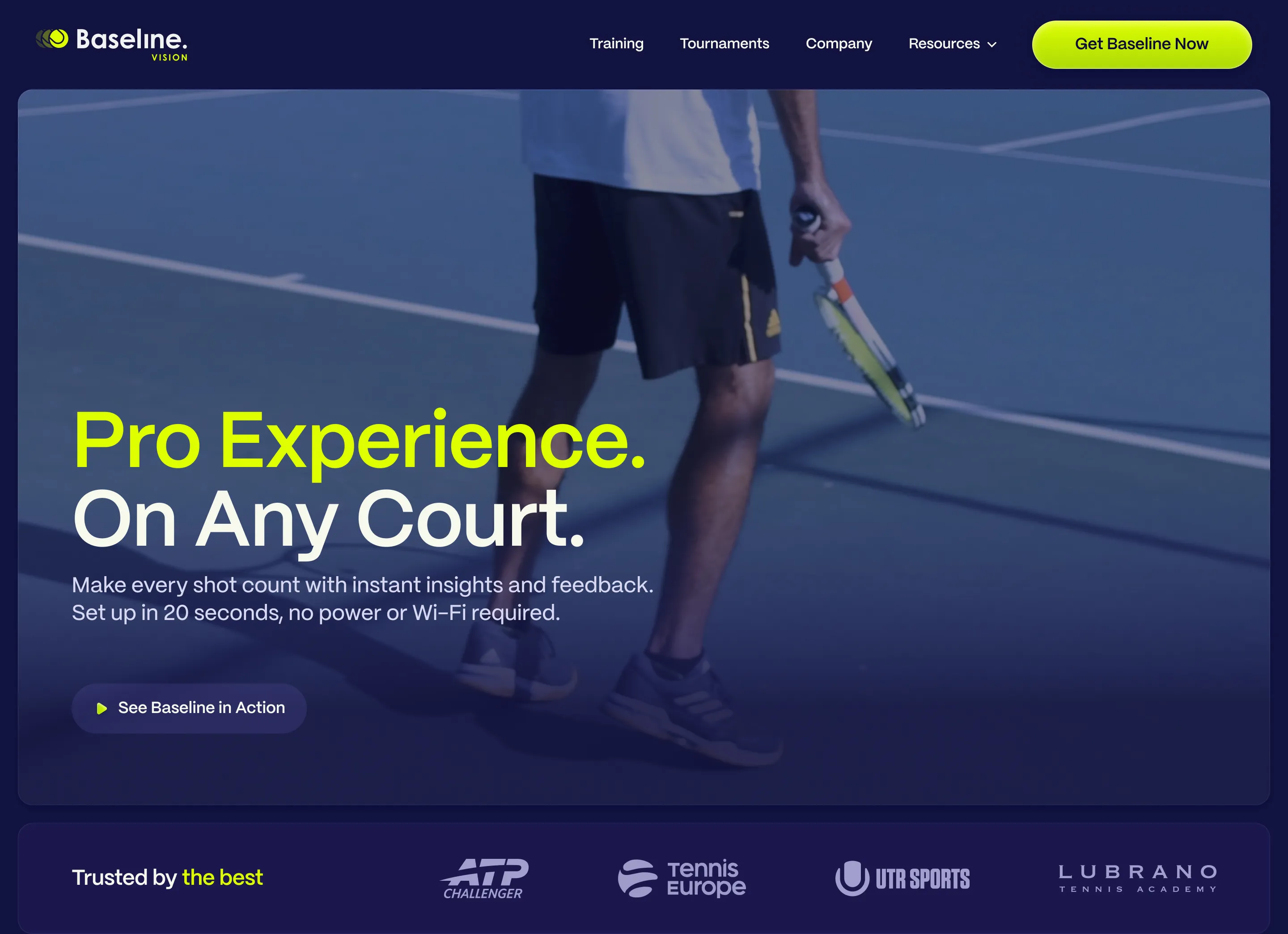 Baseline website hero: a tennis player on court beside the line "Pro Experience. On Any Court.