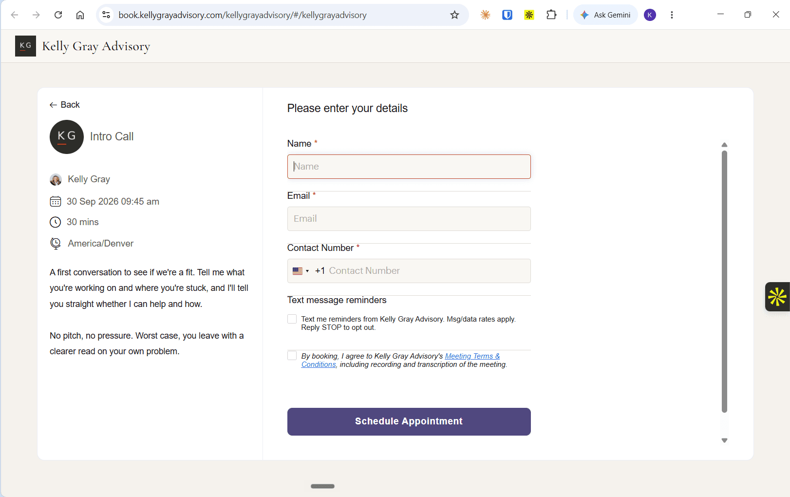 Kelly Gray Advisory booking form showing the optional, unchecked SMS consent checkbox.