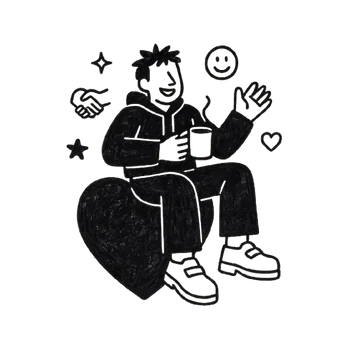 Illustration: entspannt sitzende Person mit Kaffeetasse, daneben Handschlag- und Smiley-Symbole