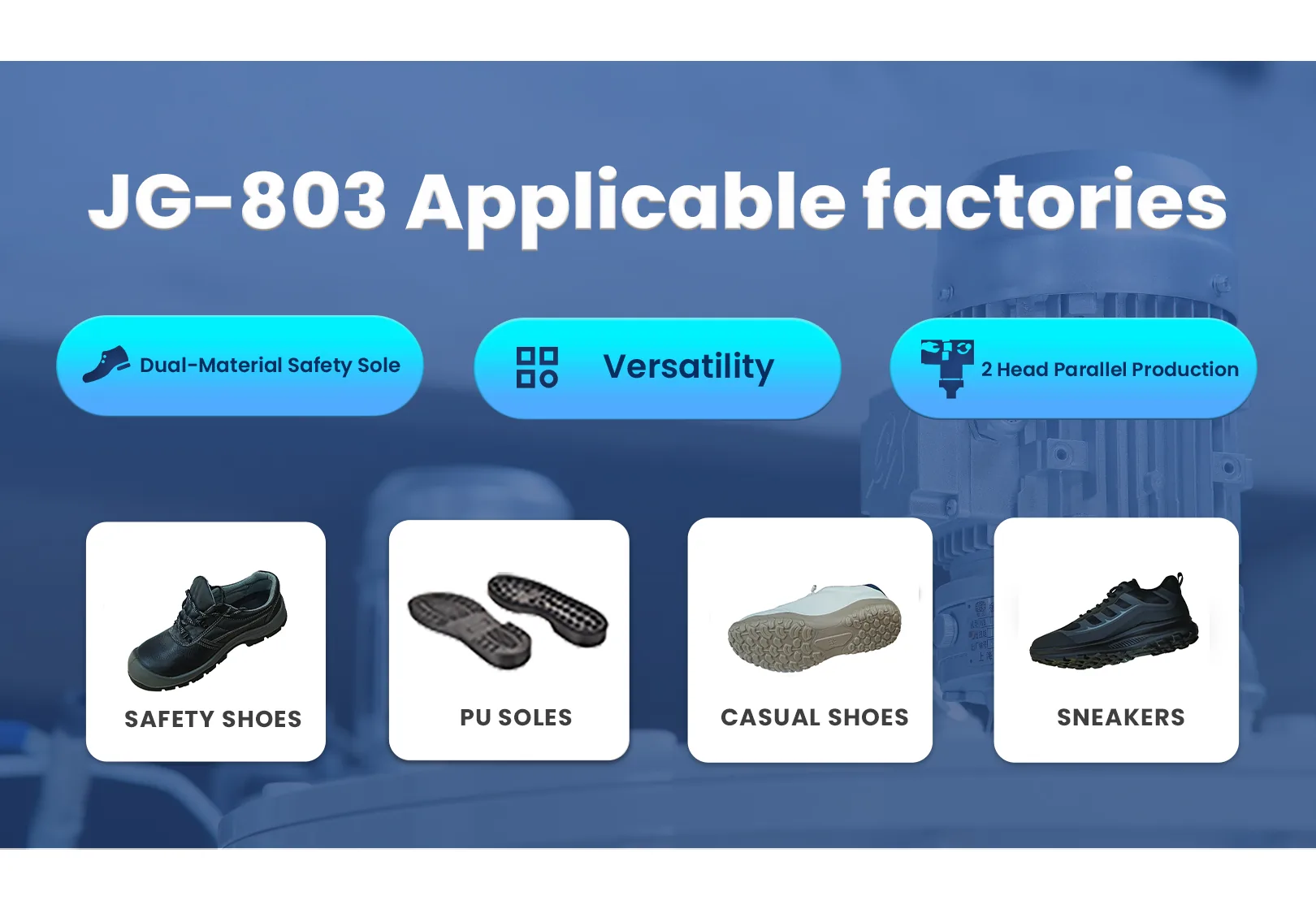 JG-803 machine in factory workshop real shot / JG-802 sole pouring demo / JG-802 full production line / JG-802 sole quality inspection