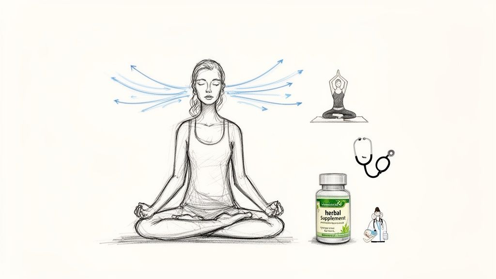 Illustration of a meditating woman with yoga, herbal supplements, stethoscope, and doctor, representing holistic health.