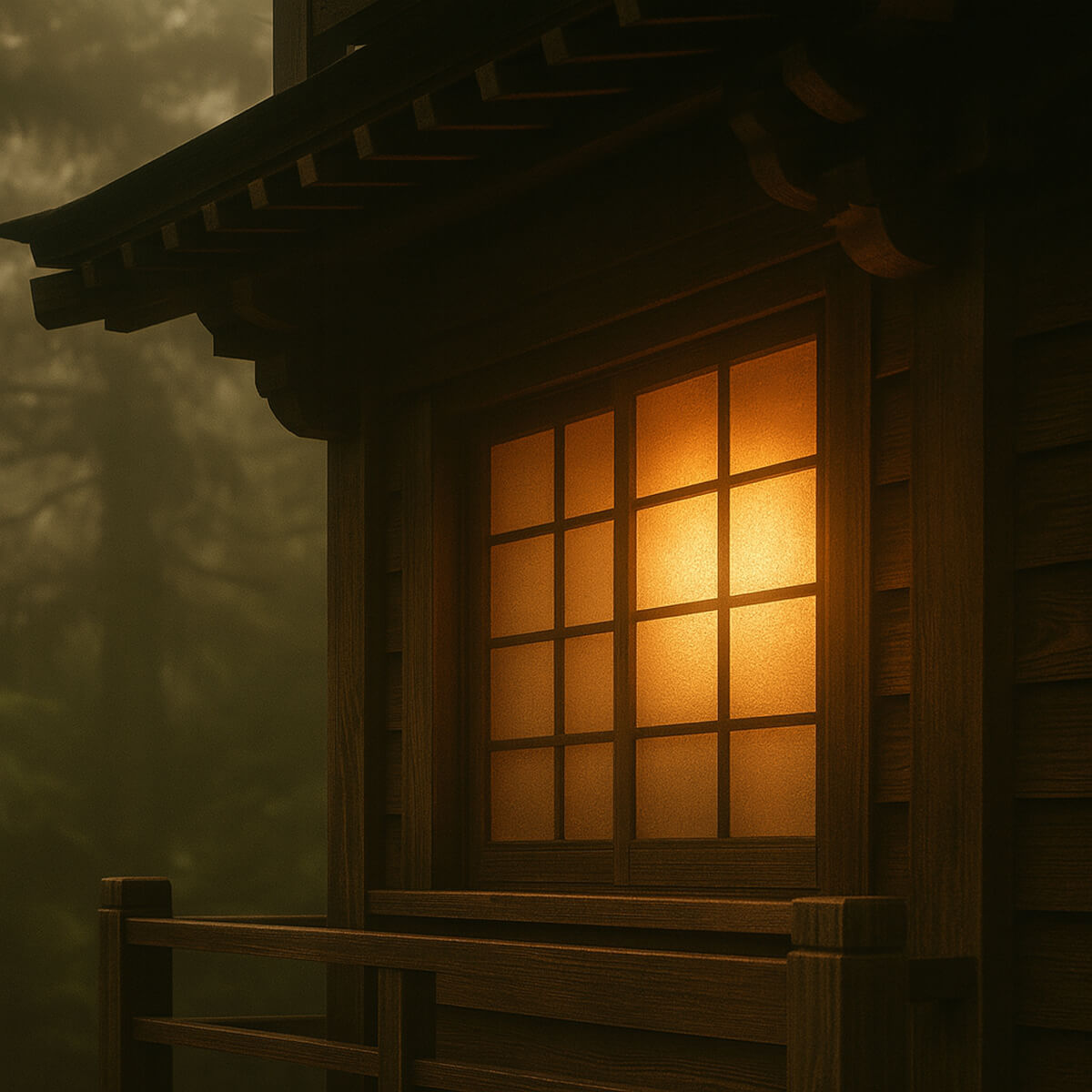 The photo shows close-up architectural details of the house, with particular emphasis on the subtly luminous window, wooden structure, and traditional roof elements.