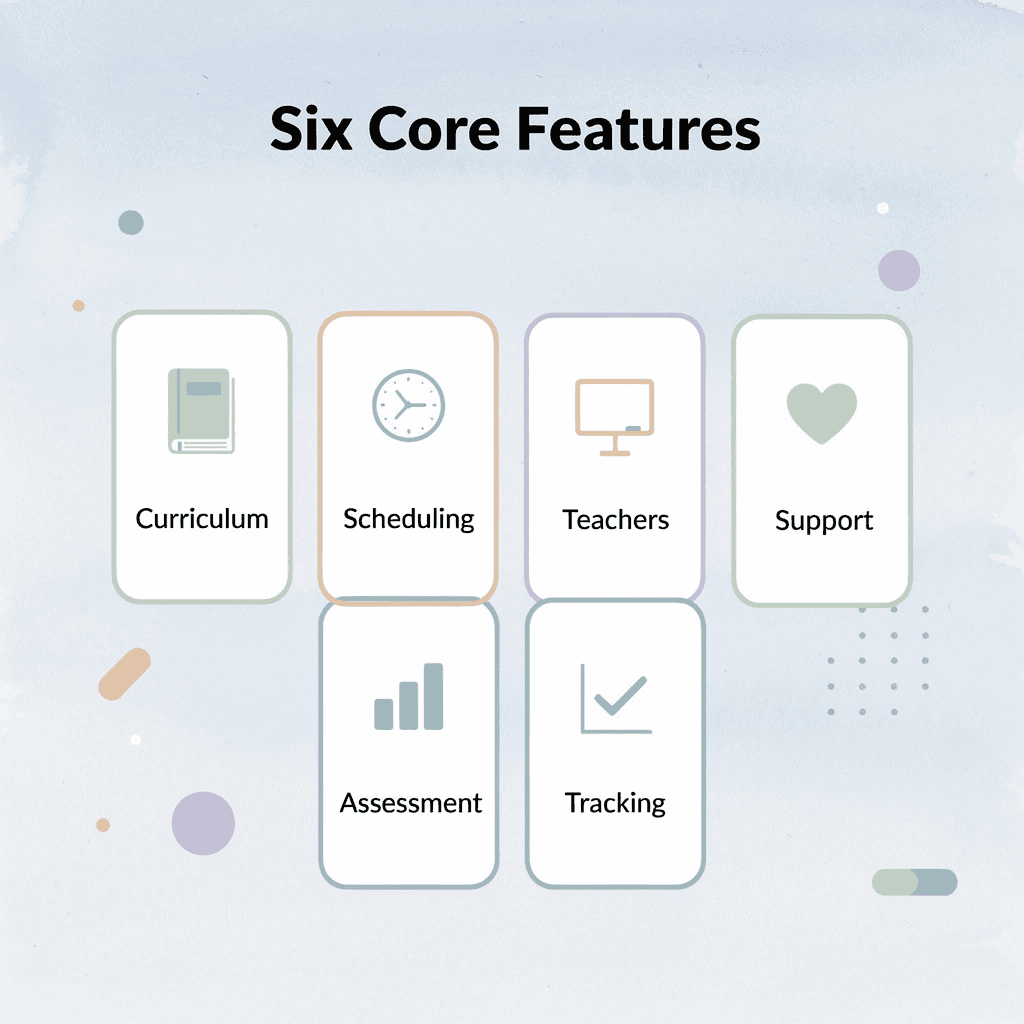 Six cards showing core features of K12 homeschool programs