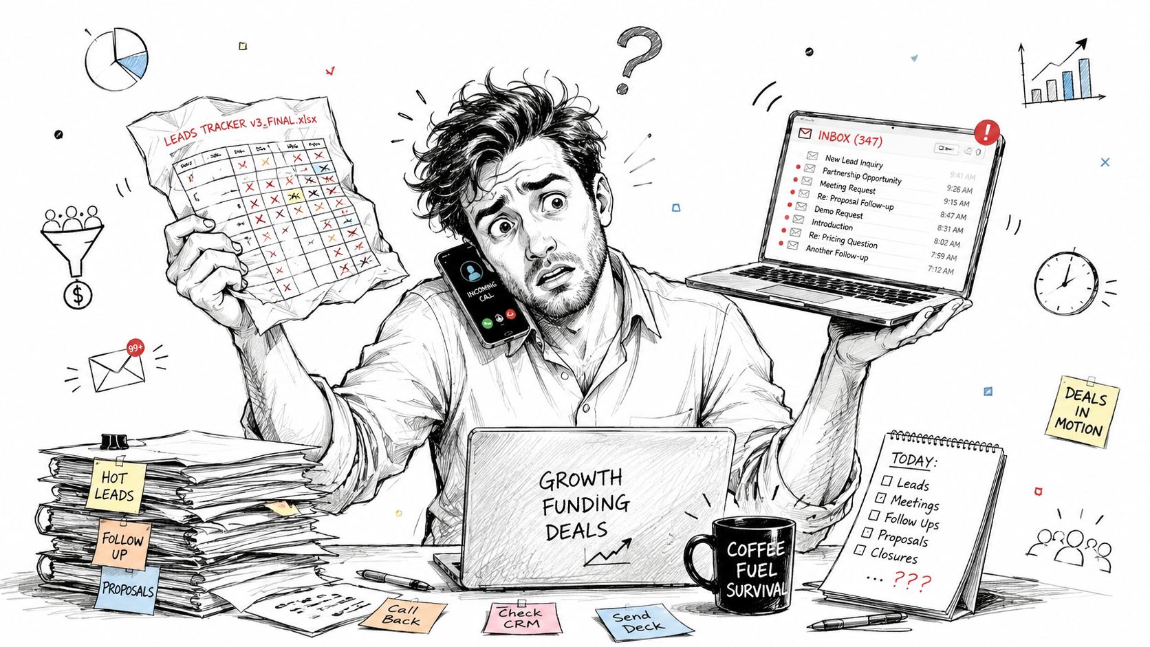 A stressed professional overwhelmed with sales leads, emails, and phone calls at a messy desk.