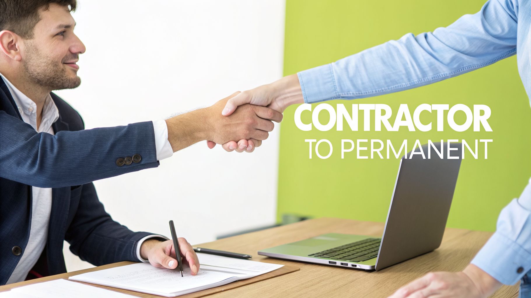 Two men shaking hands over a desk with paperwork and a laptop, symbolizing a job agreement.