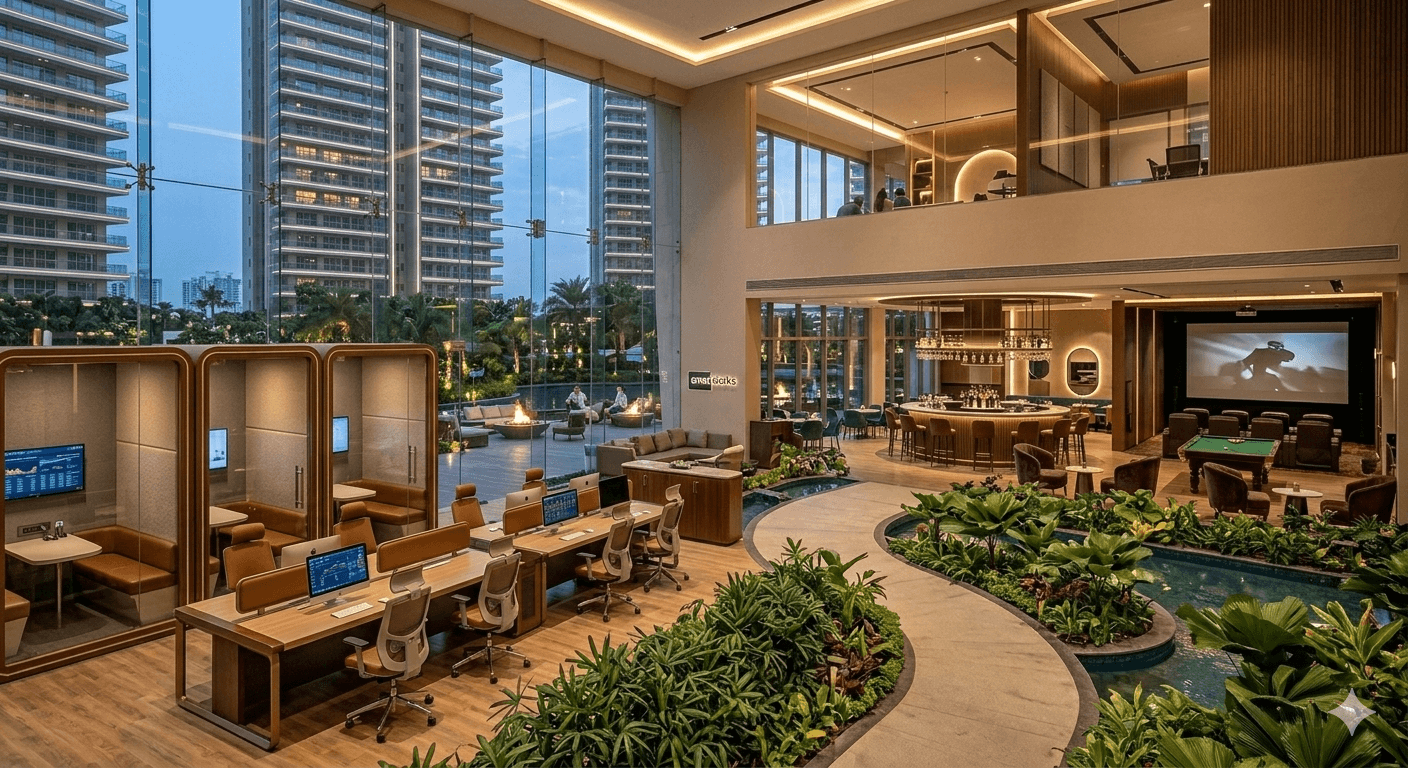 Modern luxury clubhouse featuring premium co-working spaces and business lounge