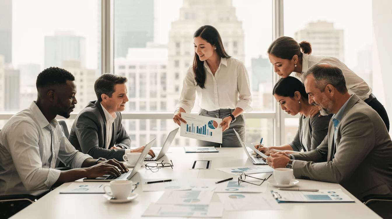 Des professionnels divers collaborent autour d'une table, entourés de laptops et de documents, illustrant une démarche de gestion de projet axée sur la responsabilité sociétale des entreprises (RSE) et le développement durable. Cette image met en avant l'engagement des équipes à intégrer des enjeux environnementaux et sociétaux dans leur travail.