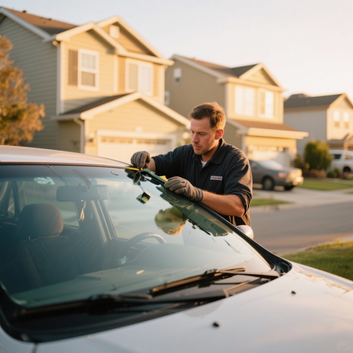 Technician performing mobile windshield replacement on a car in Plant City, Florida