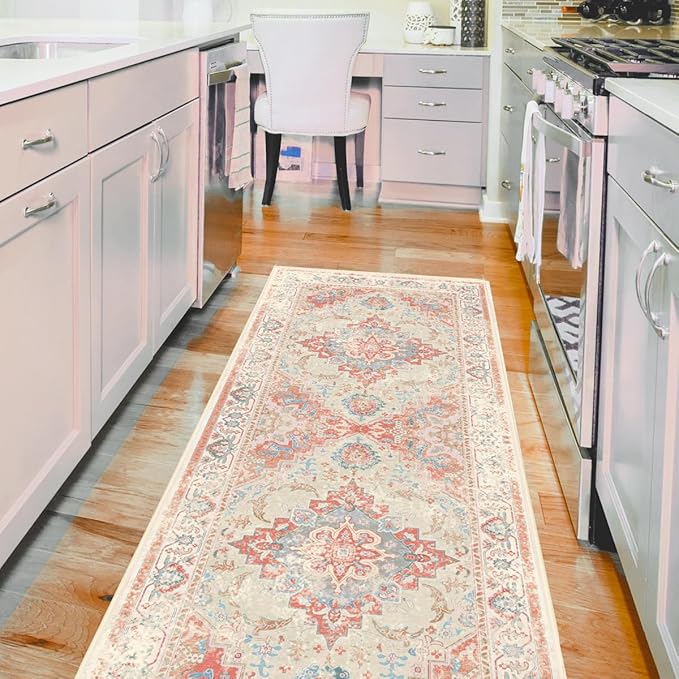 Pink and blue runner rug brings elegance and charm to any space.