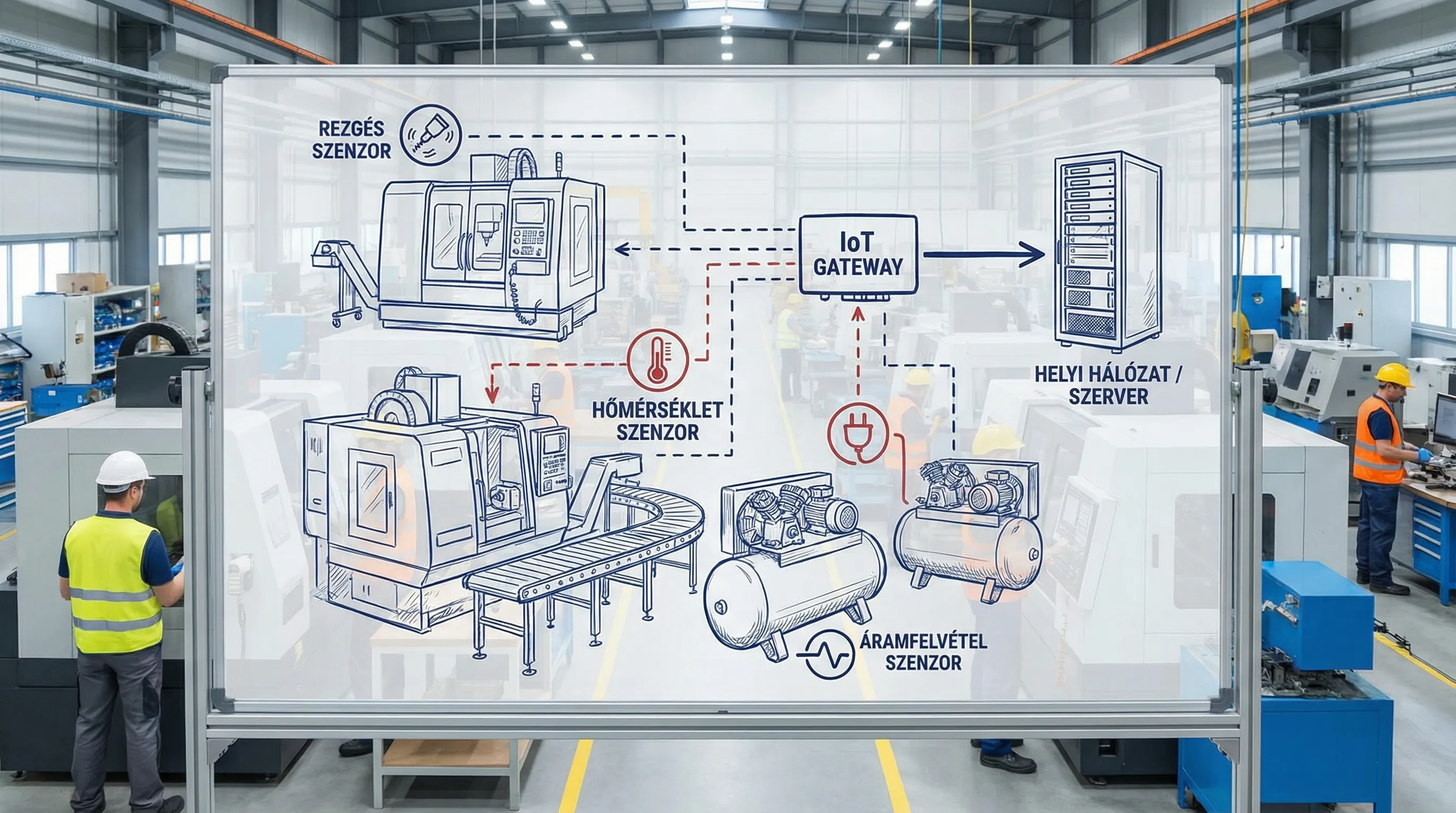 Gyártócsarnok vázlatos képe, ahol különböző gépekre rezgés-, hőmérséklet- és áramfelvétel-szenzorok vannak jelölve, valamint egy központi IoT gateway és az adatkapcsolat a helyi hálózat felé.