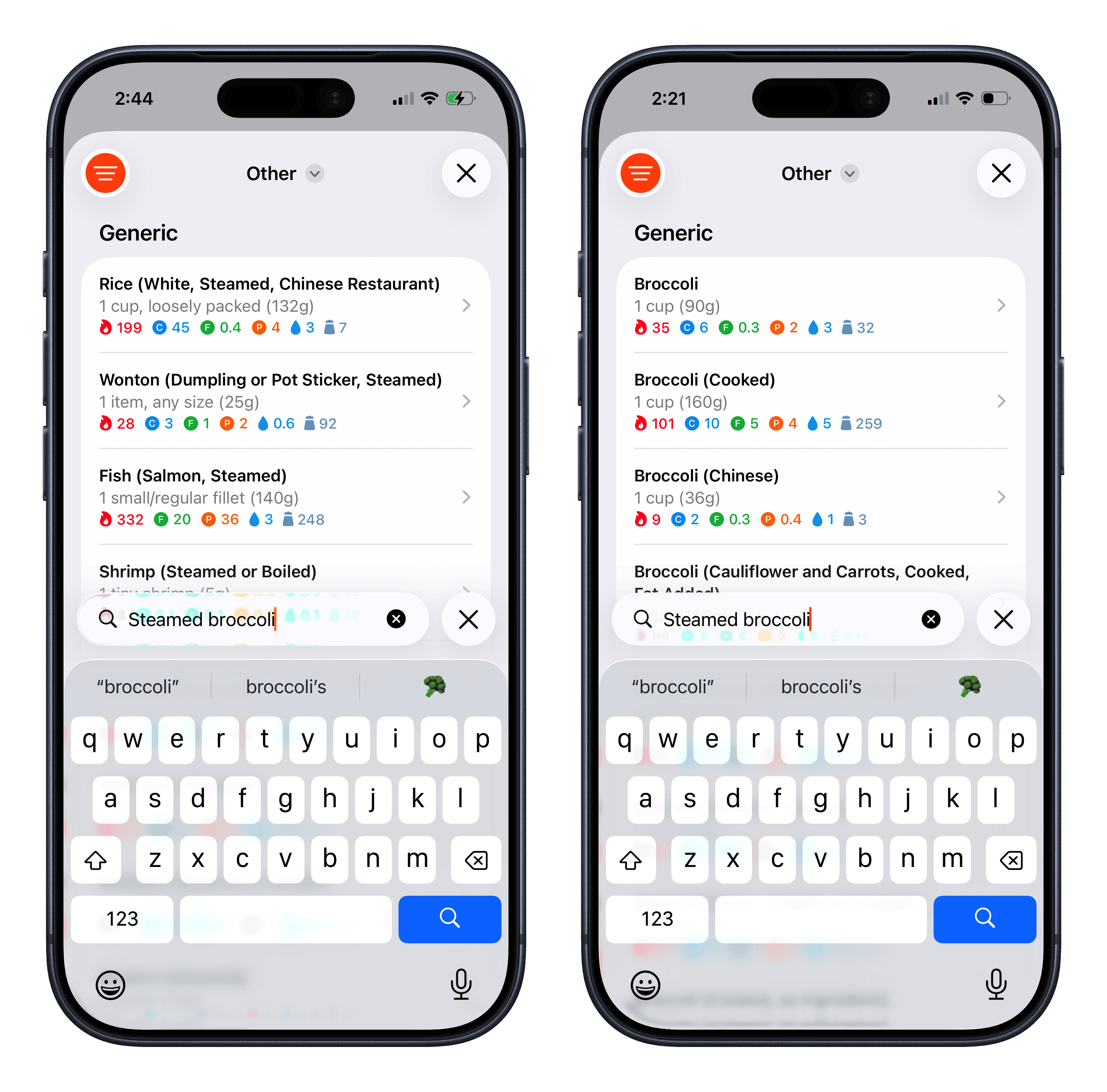 Example comparison of search results before (left) and after (right) various improvements