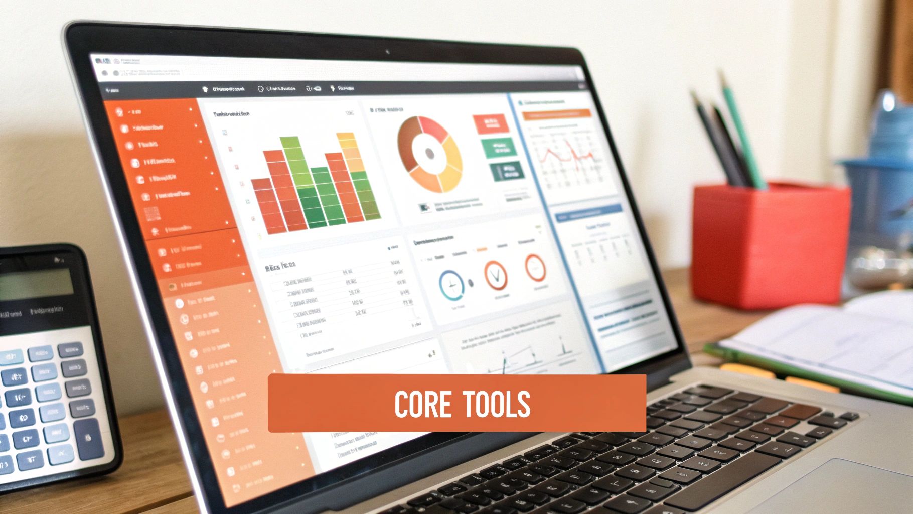 Laptop showing a business analytics dashboard with charts, graphs, and a 'CORE TOOLS' banner.