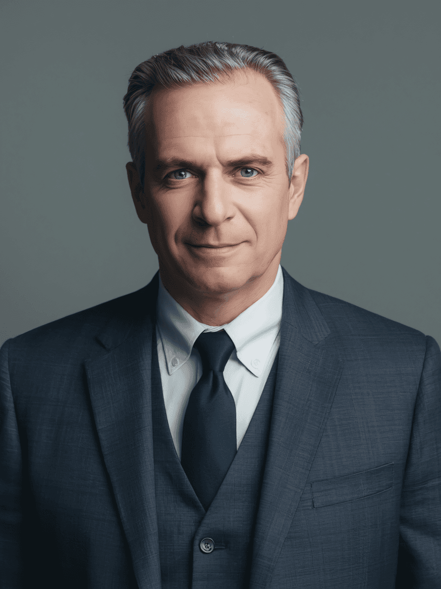 Headshot of a distinguished man in a dark three-piece suit and navy tie.