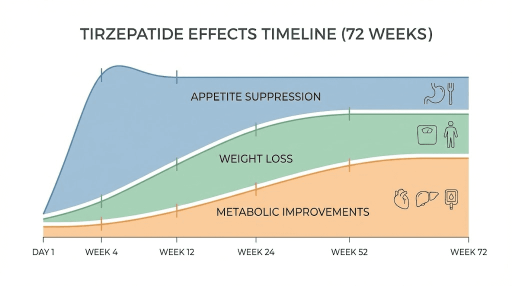 Tirzepatide timeline showing when appetite suppression and weight loss occur