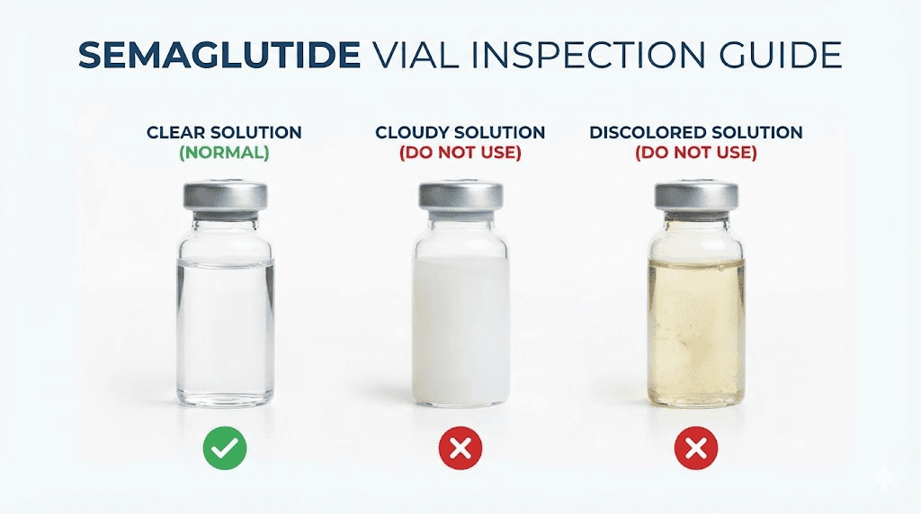 How to visually inspect semaglutide for degradation signs including cloudiness and discoloration