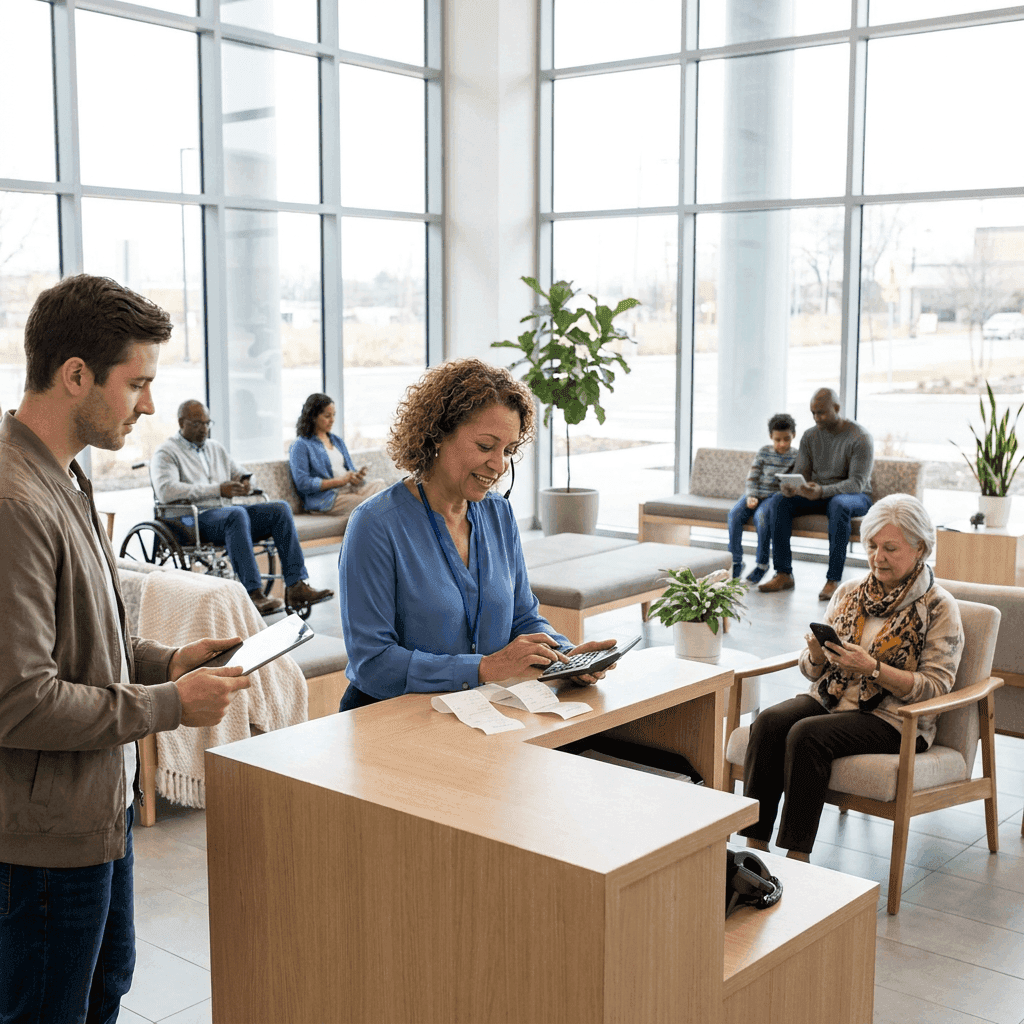 A receptionist using Svast billing tricks to manage her practice.