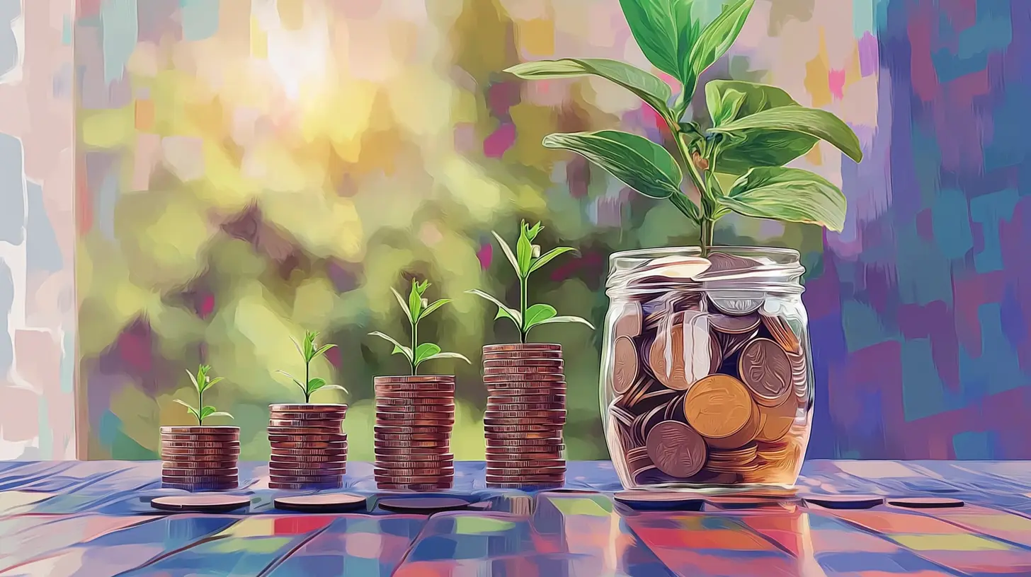 Coin stacks with plants representing green bond investment growth.