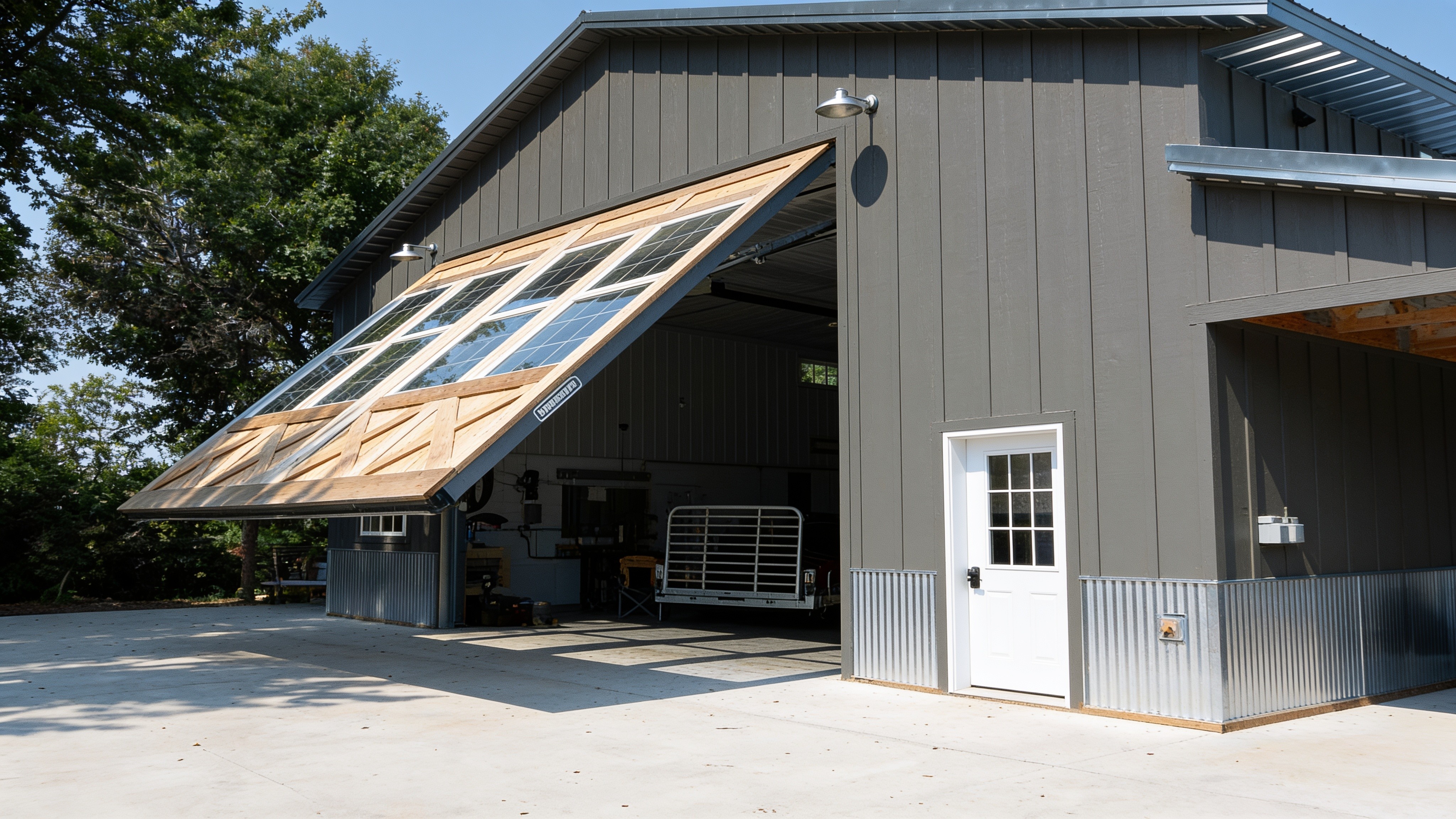 Wood-clad hydraulic door lifting open on a hobby shop