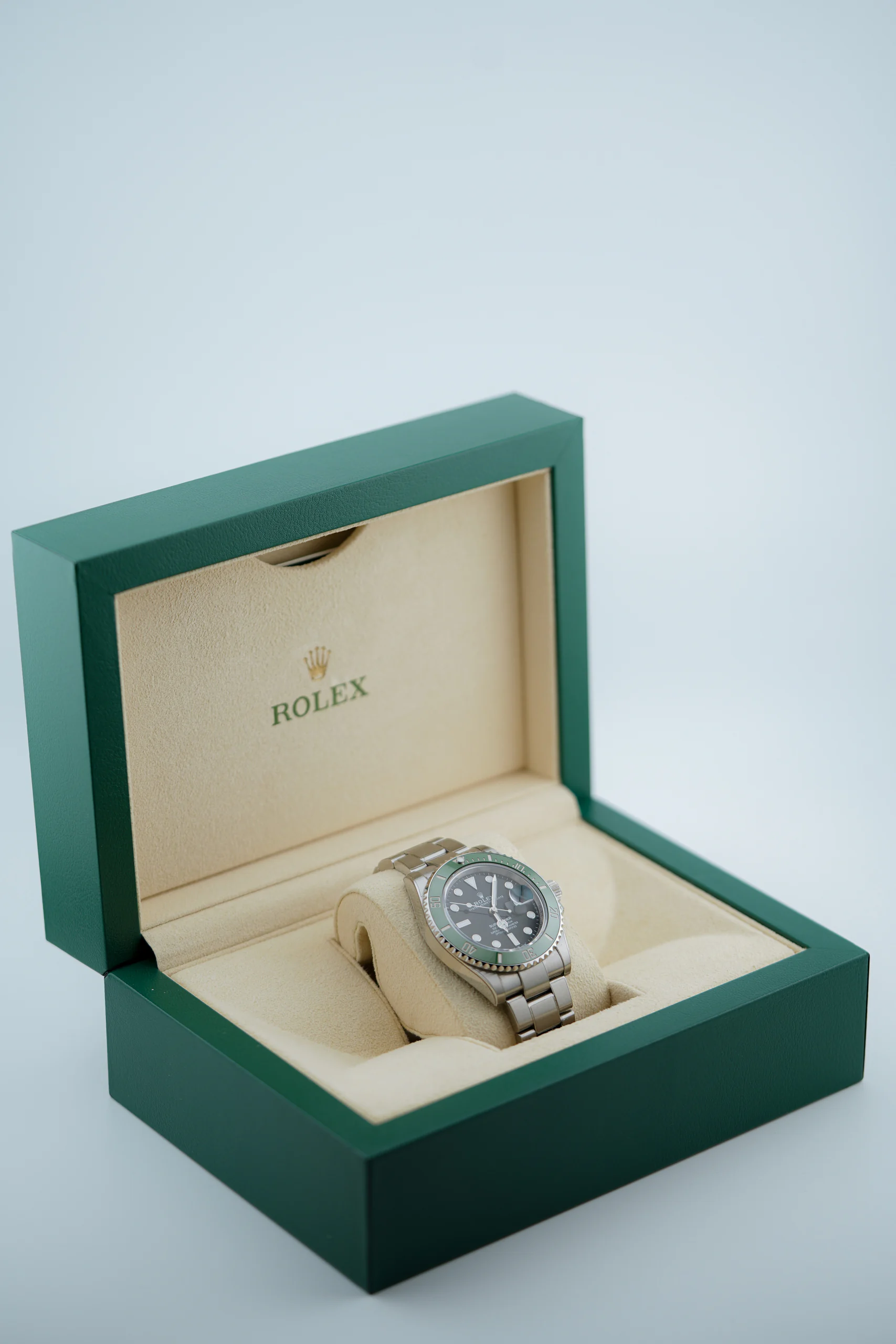 Rolex Submariner Date Starbucks 126610LV at Omar’s Timepieces Dubai, shown in a presentation box