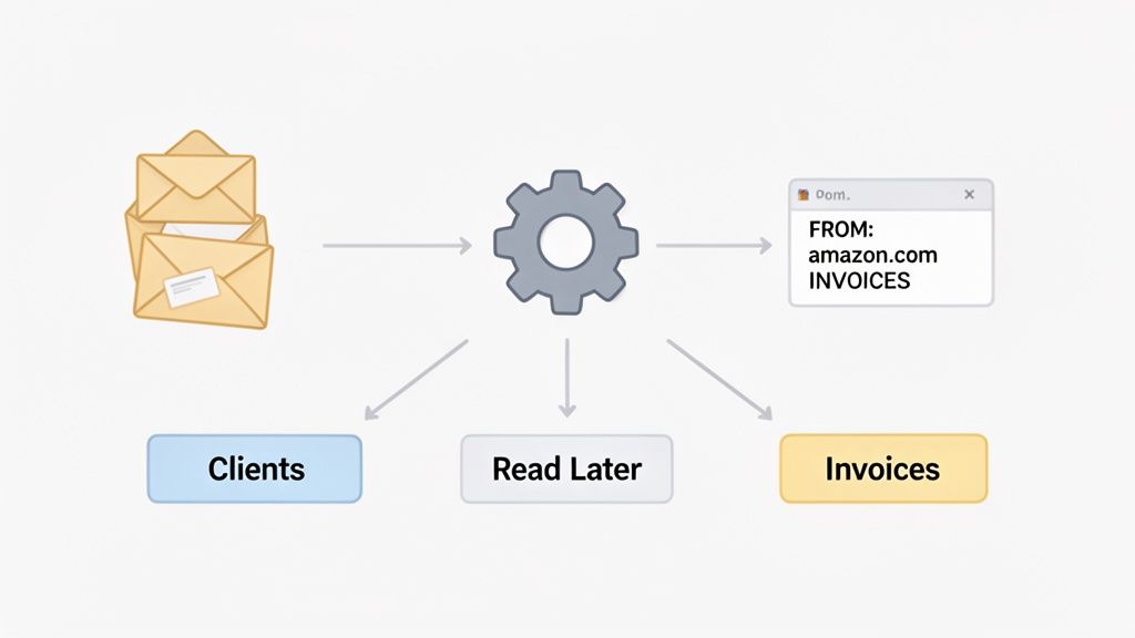 Diagram illustrating email automation, where incoming messages are sorted into 'Clients', 'Read Later', and 'Invoices' categories.