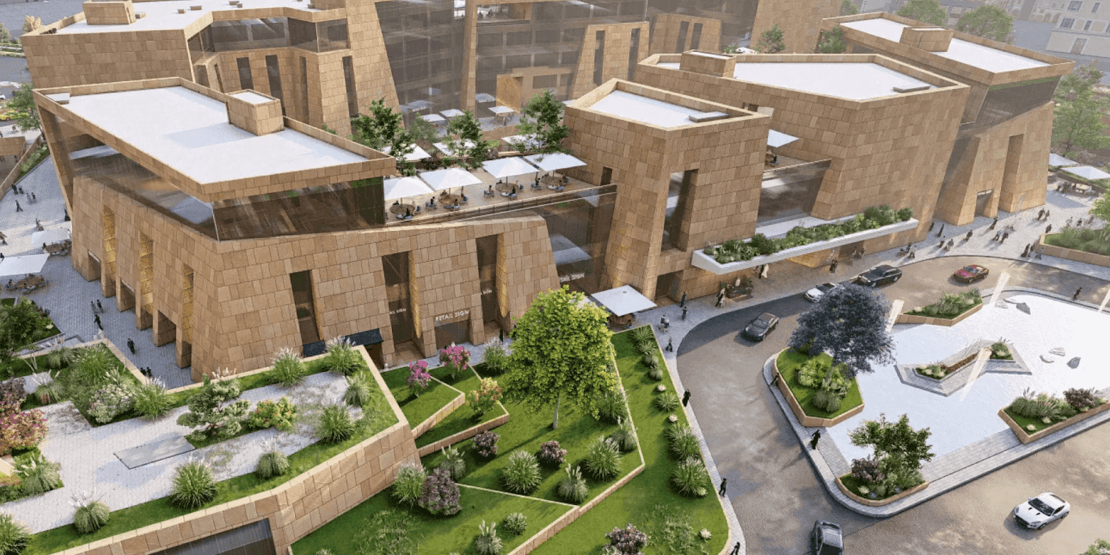 لقطة جوية للتصميم العمراني الحديث والمساحات الخضراء في فيا الرياض 